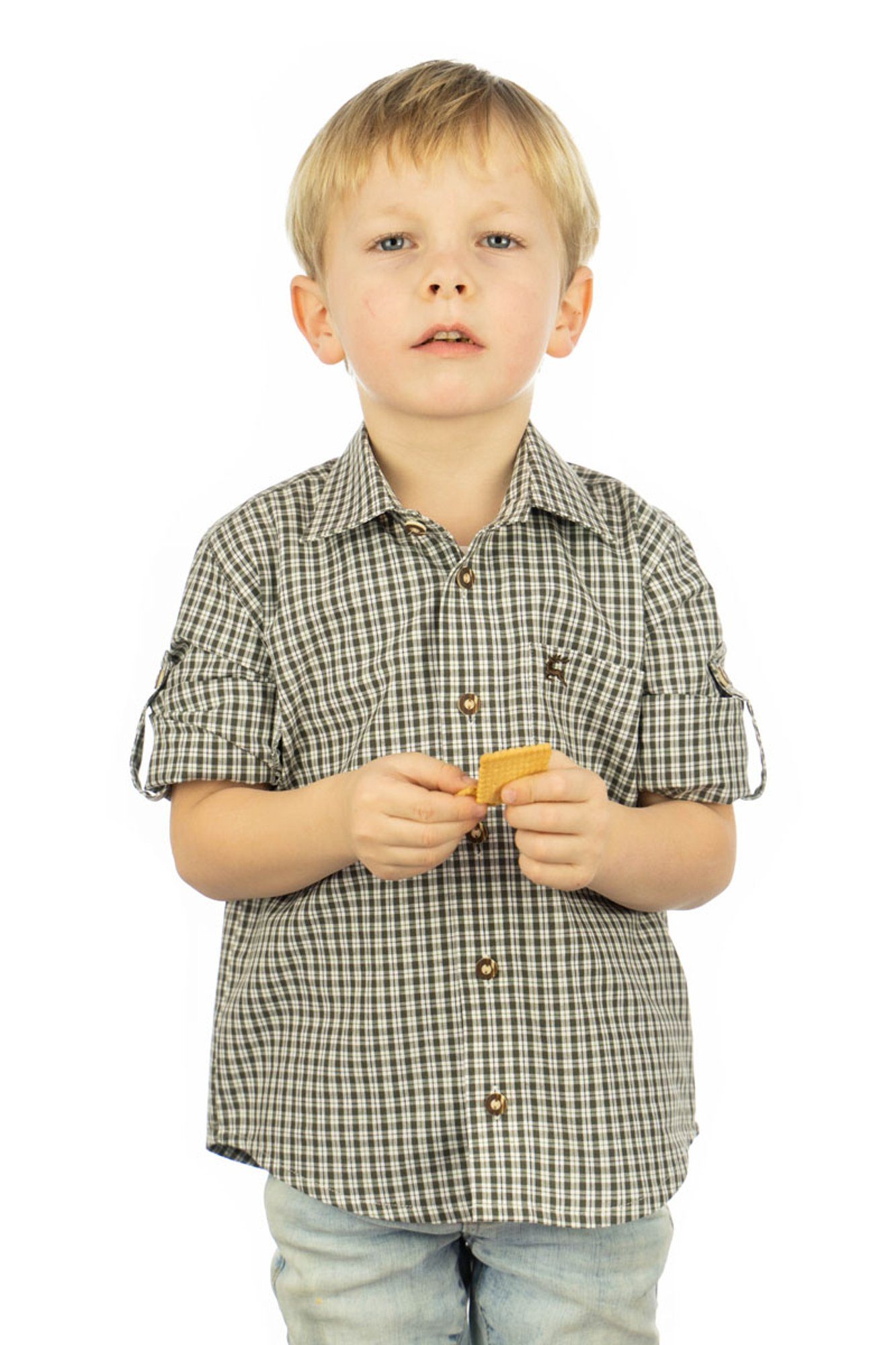 mit aufgesetzter Slamo Hirsch-Stickerei OS-Trachten mit Langarmhemd Brusttasche dunkelgrün Trachtenhemd Jungen