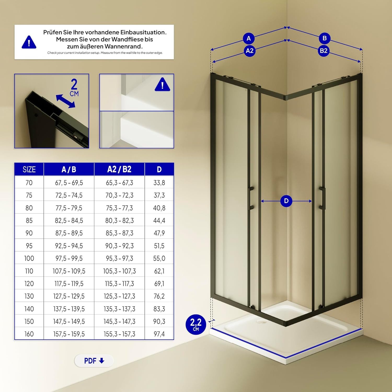i-flair Eckdusche Schiebetür Duschkabine DANIELLE aus satiniertem 6 mm ESG, BxT: 75x95 cm, Einscheibensicherheitsglas, ohne Duschtasse, mit hochwertigen Aluminiumprofilen in schwarz, ebenerdiger Einbau möglich, mit Schiebetüren