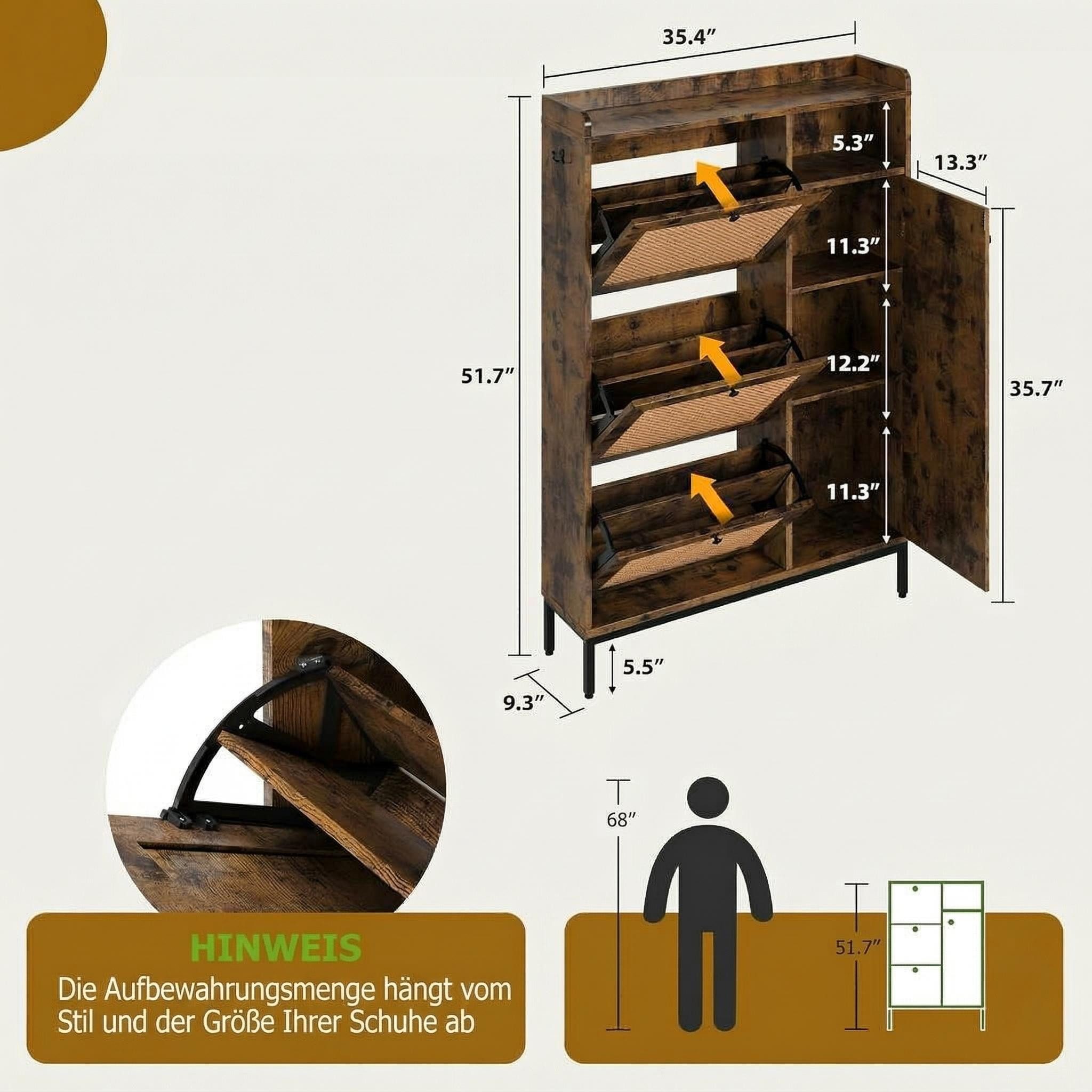 GarveeMore Schuhschrank aus Rattan mit 3 Klappschubladen und 4-stufiger Schuhschrank Schuhschrank mit verstellbaren Regalen für Eingang,Flur,Wohnzimmer