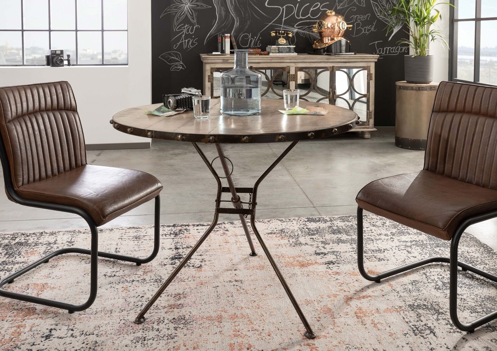 Massivmoebel24 Esstisch HEAVY INDUSTRY (Massivholz, Massivholztisch), Esstisch rund Mango100x100x80 braun lackiert HEAVY INDUSTRY #256