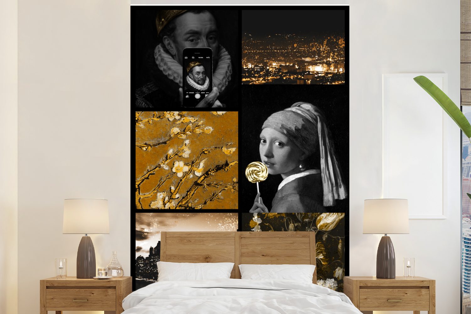MuchoWow Fototapete Collage - Kunst - Gold - Schwarz, Matt, bedruckt, (3 St), Montagefertig Vinyl Tapete für Wohnzimmer, Wandtapete