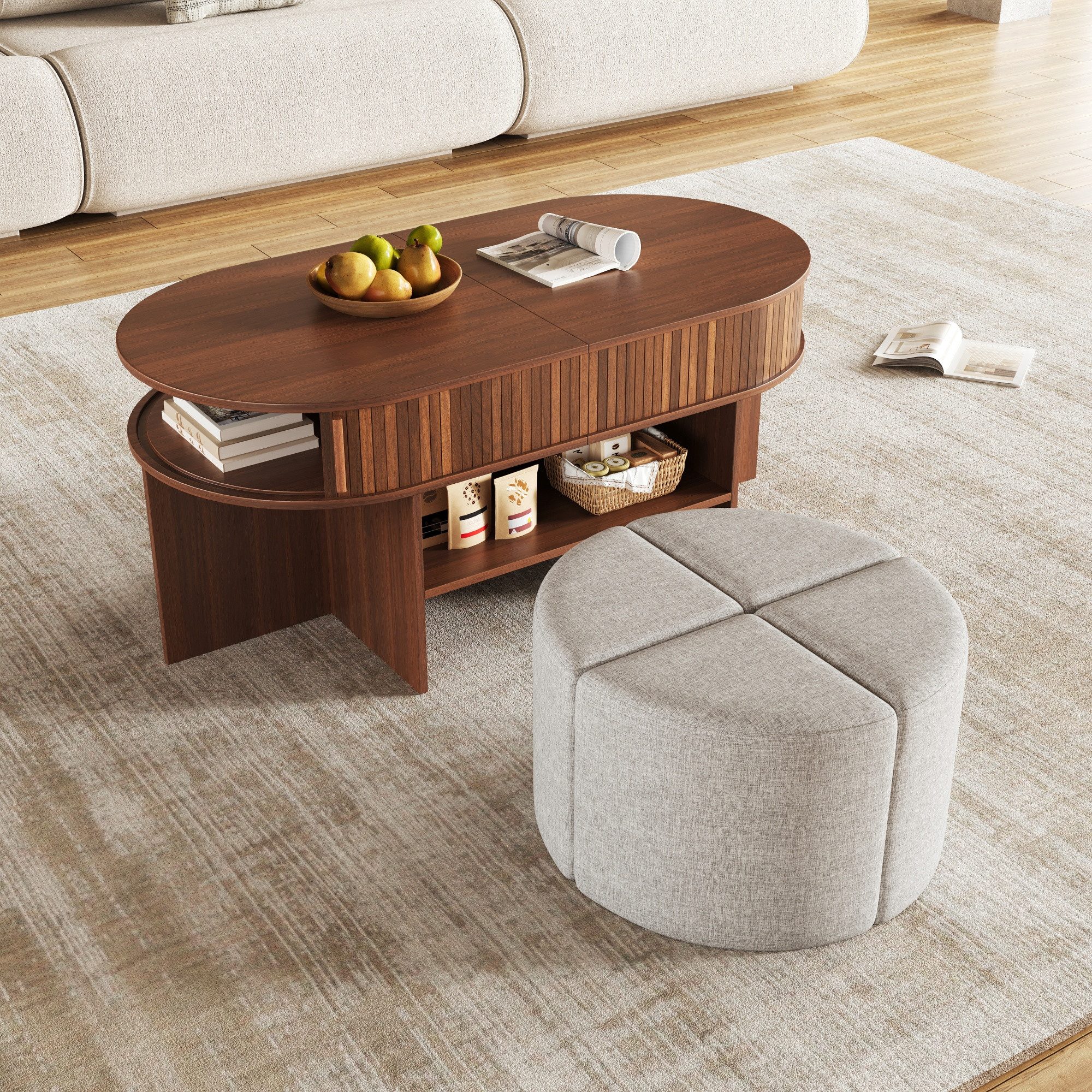 Merax Couchtisch Ovaler Sofatisch Beistelltisch mit Stauraum und Hockern (Aufbewahrungstisch mit vertikaler Rillenoptik, 1-St., 120 L x 60 B x 51,5 H cm), Wohnz – Bild 3 von 5