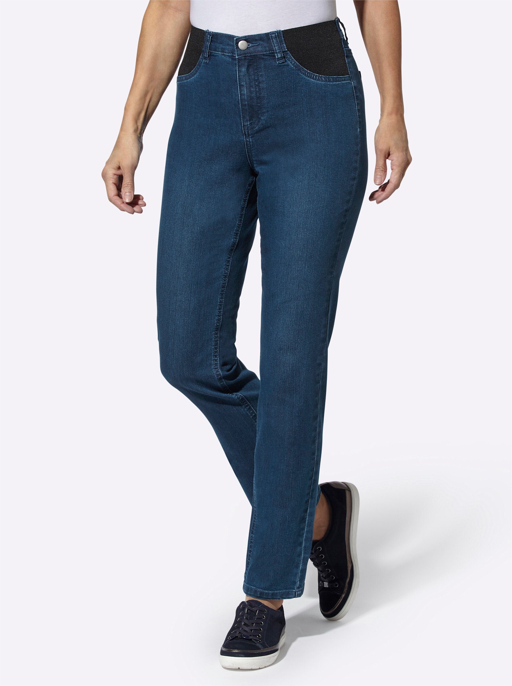 an! Bequeme Jeans blue-stone-washed Sieh