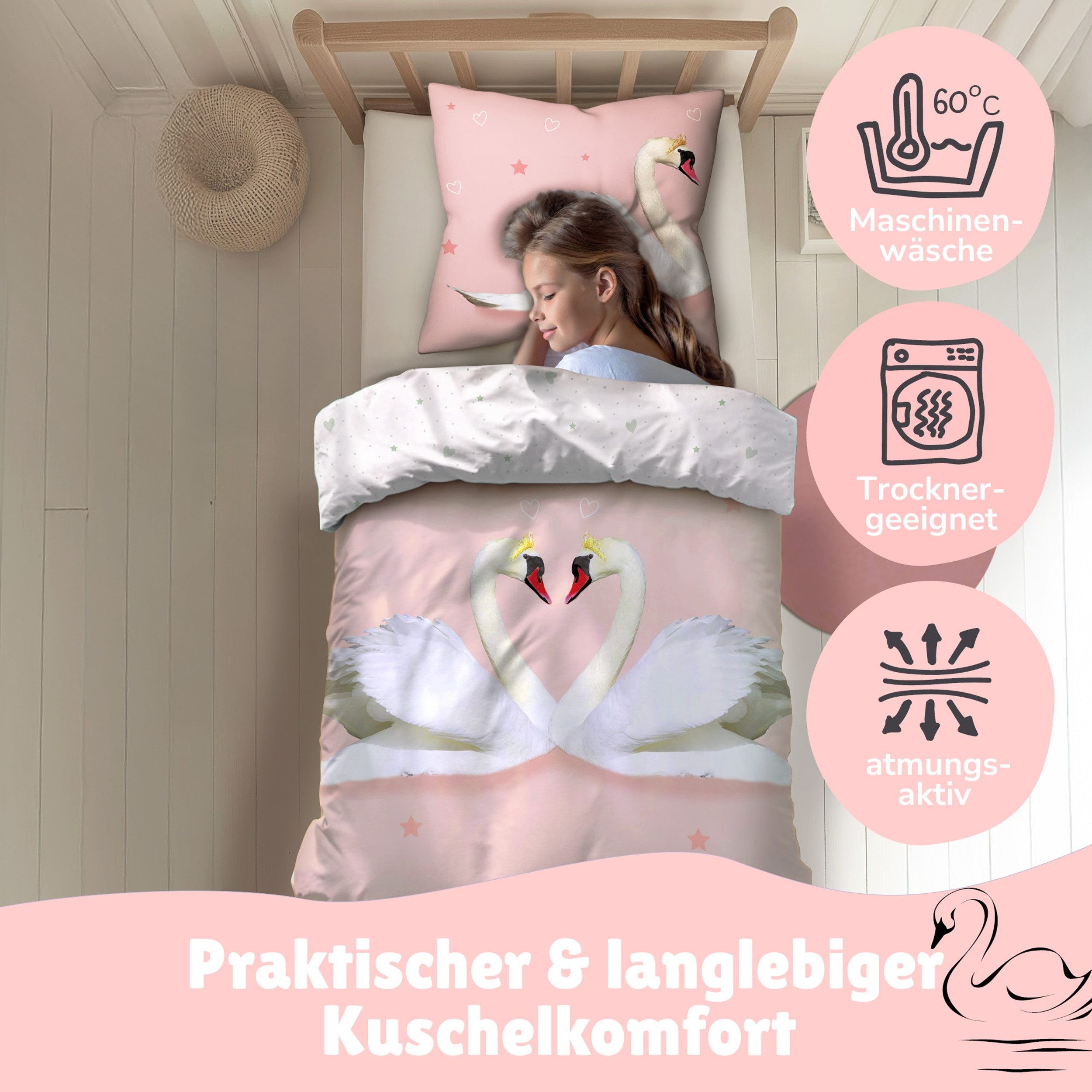 Familando Partnerbettwäsche "Liebes Schwan" Set 4-teilig, 135x200 80x80 cm, Flanell, Reißverschlus, Biber, 4 teilig, Partner Bettwäsche verliebte Schwäne