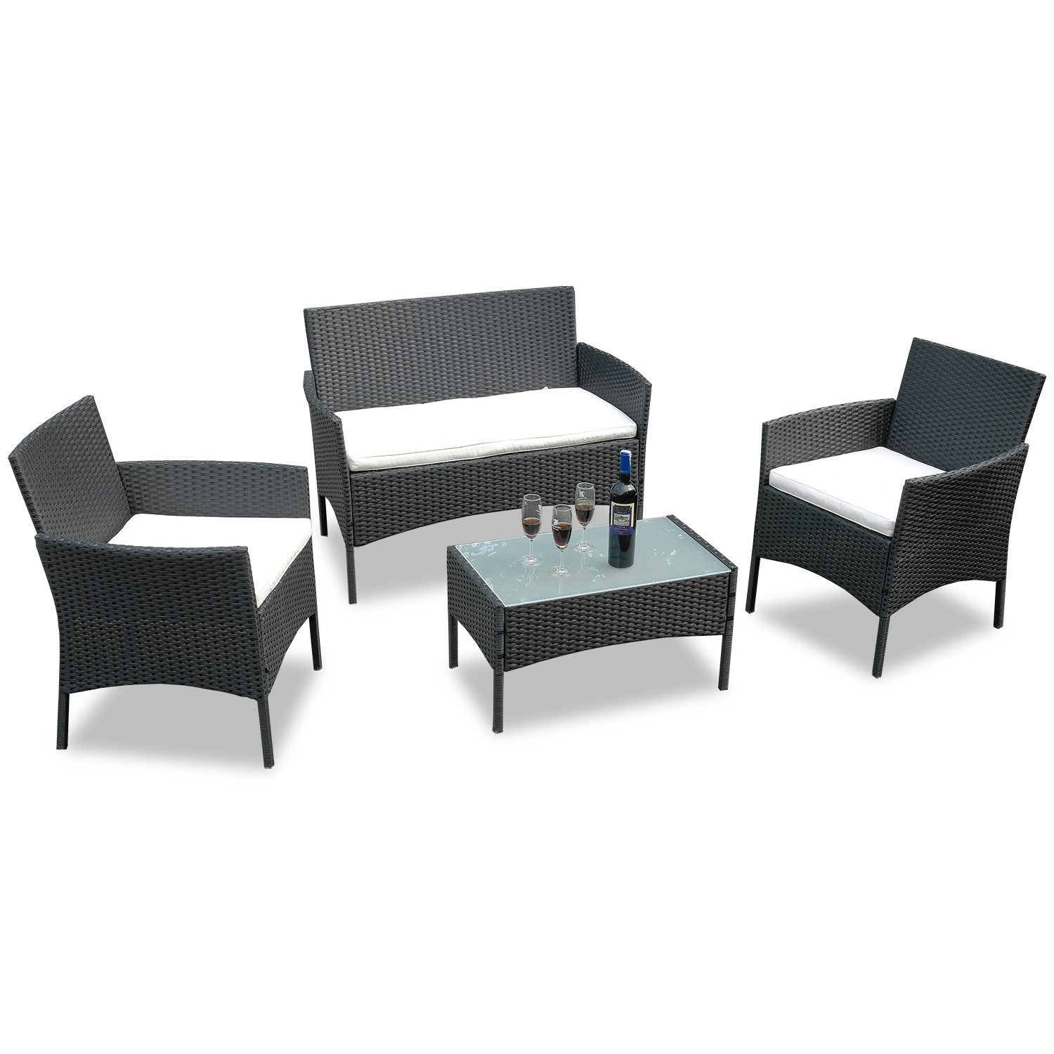 Clanmacy Gartenlounge-Set 4-tlg Wetterfeste Polyrattan Sitzgruppe für 4 Personen Schwarz, (4-tlg)