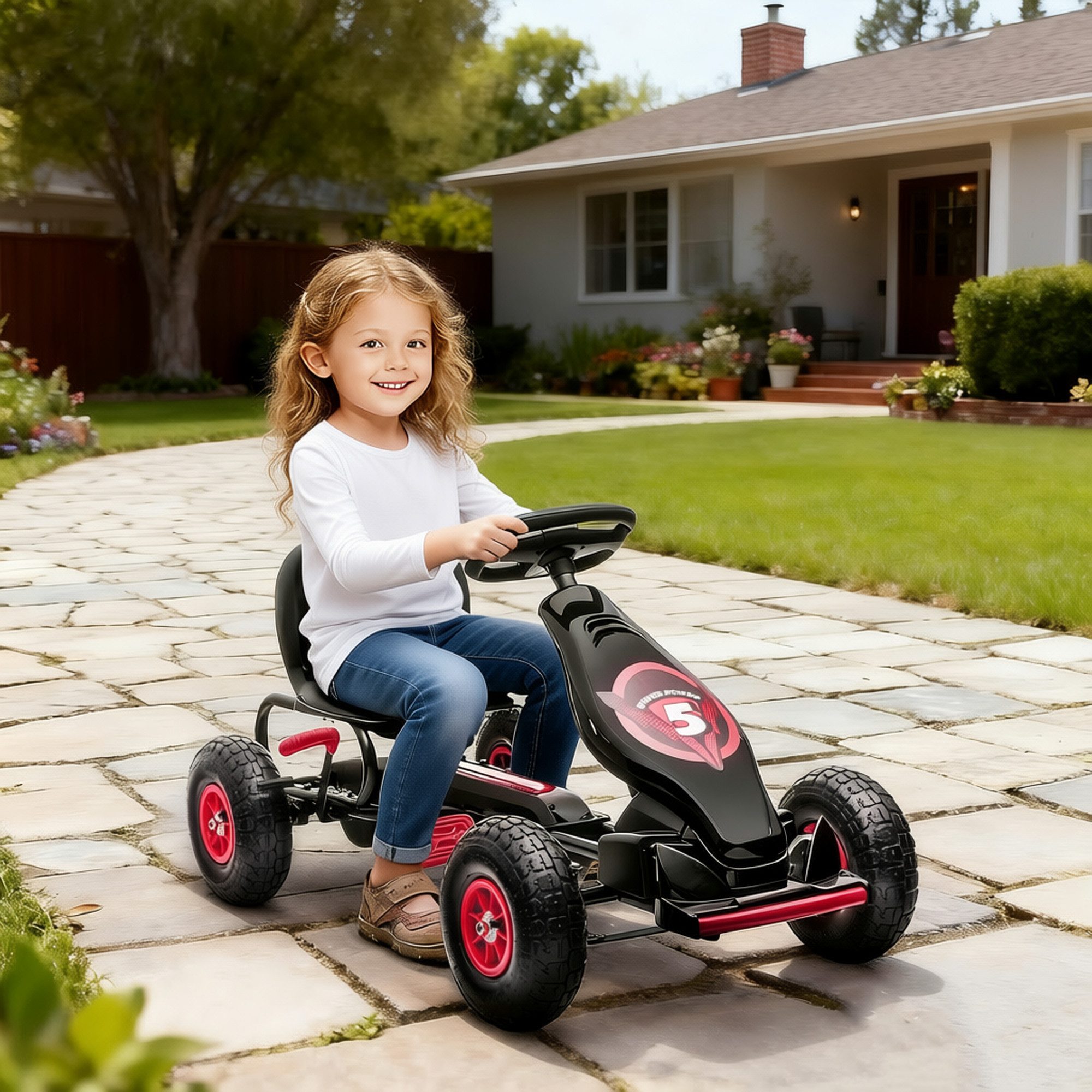 HOMCOM Go-Kart Kinderfahrzeug, Tretfahrzeug, Pedal und Handbremse, Outdoor, für Garten, Balkon, Rot+Schwarz