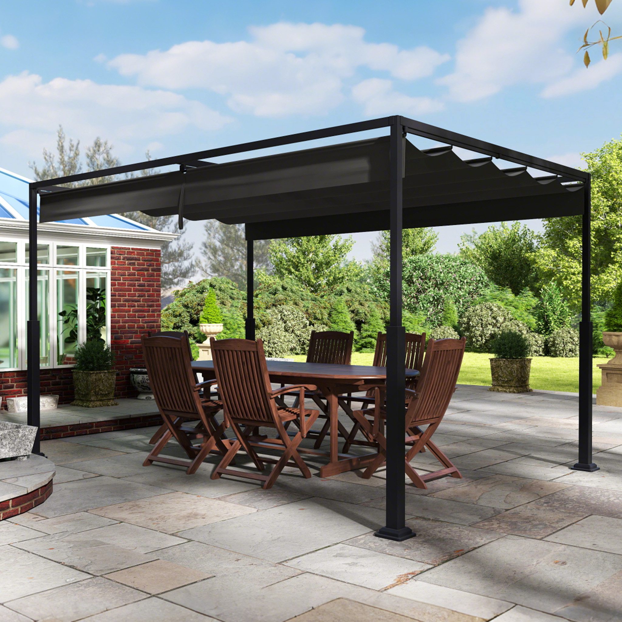 FIVMEN Pavillon Gartenpavillon 3x3m, Schiebedach, Stahlgestell, UV-Schutz