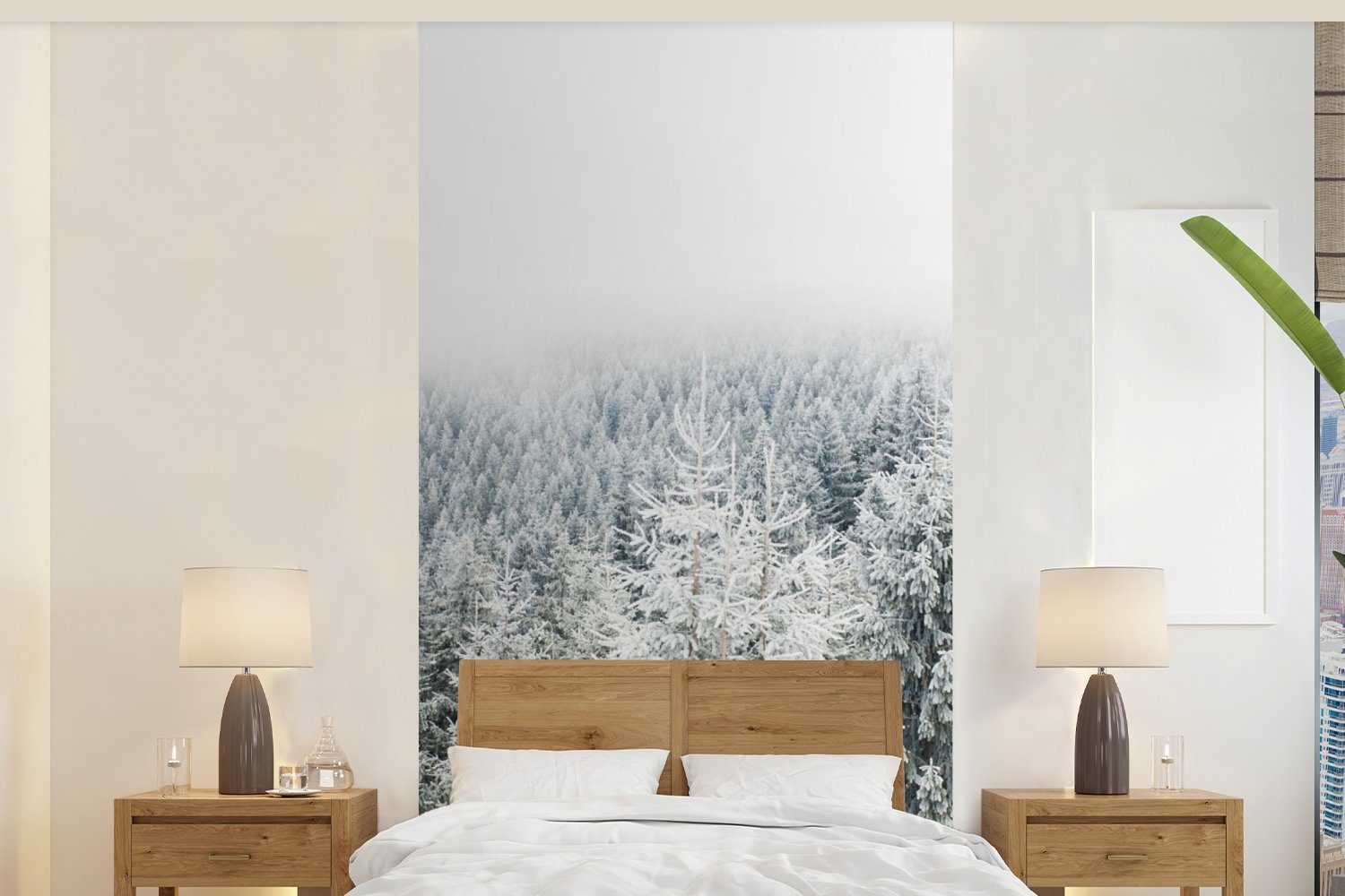 bedruckt, Vliestapete (2 Wald Tannenbaum, Fototapete Küche, - - MuchoWow Wohnzimmer - für Schnee Fototapete Jahreszeiten Matt, Winter - St), Schlafzimmer