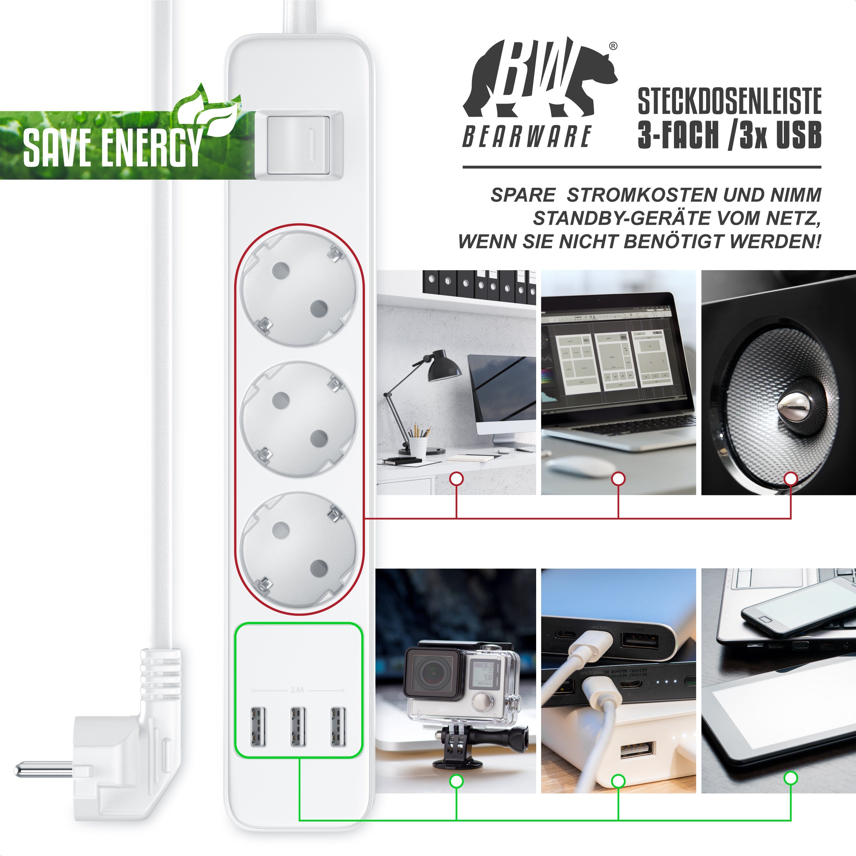 BEARWARE Steckdosenleiste 3-fach (Ein- / Ausschalter, USB-Anschlüsse, Kindersicherung, Schutzkontaktstecker, Überspannungsschutz, Kabellänge 1,50 m), Steckdosenleiste