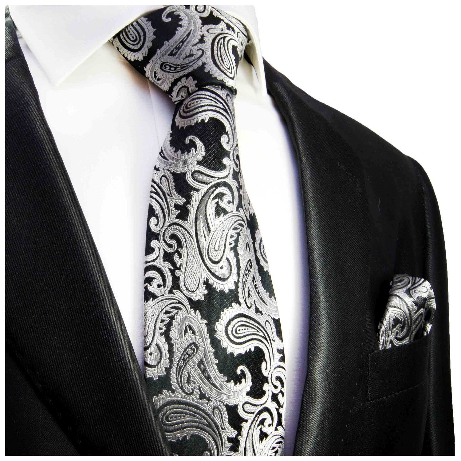 100% Malone Breit 2-St., Einstecktuch) Krawatte 352 Seidenkrawatte Seide Herren silber Paul (Set, brokat Tuch grau mit Krawatte mit (8cm), schwarz paisley