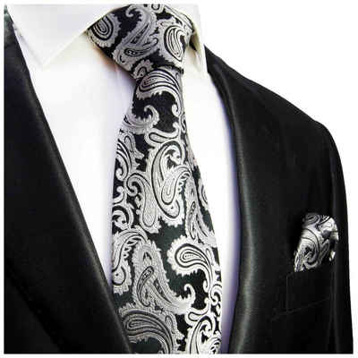 Paul Malone Krawatte Herren Seidenkrawatte mit Tuch paisley brokat 100% Seide (Set, 2-St., Krawatte mit Einstecktuch) Schmal (6cm), schwarz silber grau 352