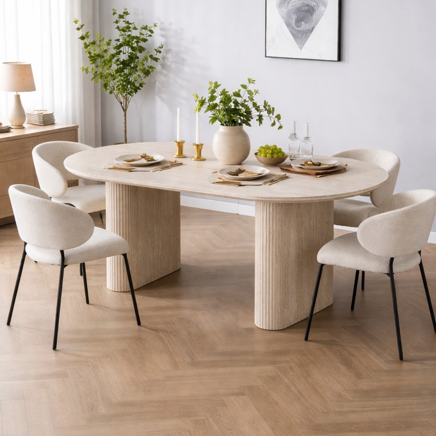 HOOZ Wohnzimmertisch Esstisch oval modern Keramikplatte Traventin-Optik Säule Mond 180x90cm (Set, 1× Esstisch), Keramik-Tischplatte, verschiedene Varianten, pflegeleicht & stabil