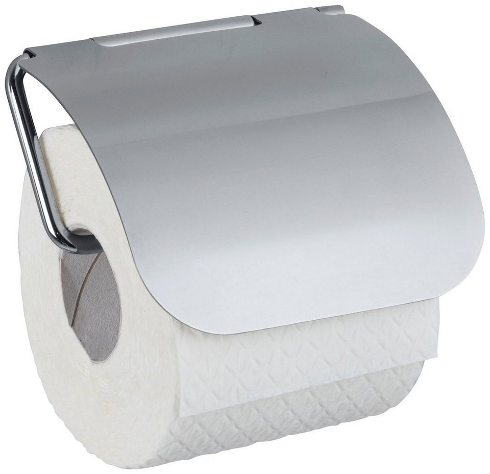 WENKO Toilettenpapierhalter Static-Loc® Plus Osimo, mit Deckel, Befestigen  ohne Bohren, Aus verchromten Stahl, Maße(B x H x T): 13 x 13,5 x 3 cm