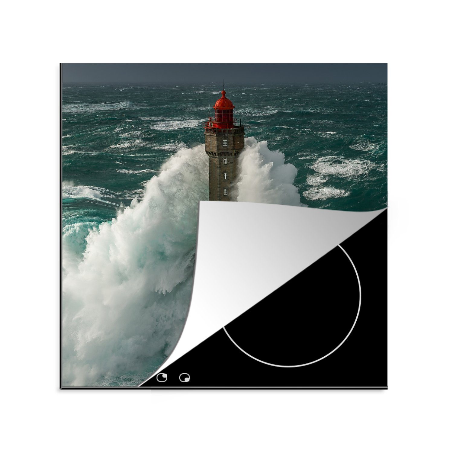MuchoWow Herdblende-/Abdeckplatte Der französische Leuchtturm von La Jument bei starkem Sturm, Vinyl, (1 tlg), 78x78 cm, Ceranfeldabdeckung, Arbeitsplatte für küche