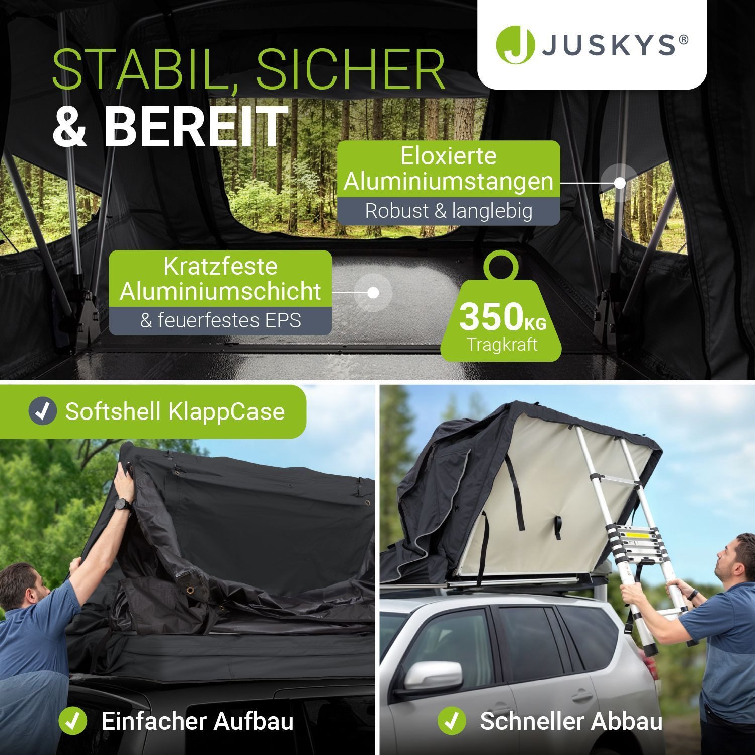 Juskys Dachzelt Lago, Wasserdicht, Teleskopleiter, 2 Personen Zelt, LED Beleuchtung