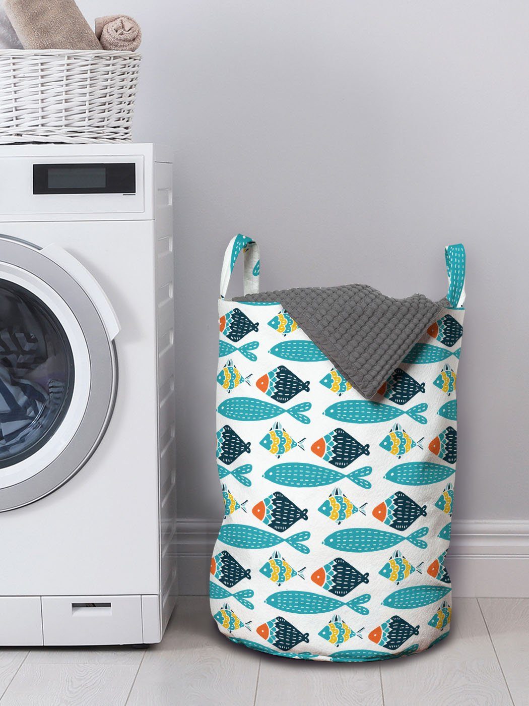 Wäschekorb Griffen skandinavisch Wäschesäckchen Abakuhaus mit für Waschsalons, Buntes Kordelzugverschluss Fisch-Muster