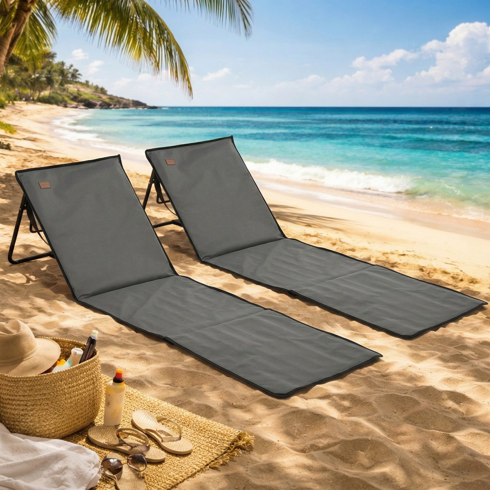 OKWISH Gartenliege 2er Set Strandmatte Faltbar Grau – Sonnenliege mit Tragetasche, 142x51x40 cm, 2 St., Strandmatratze 142x51x40cm mit Magazintasche für Outdoor & Camping, Verstellbare Strandliege mit Stahlrahmen & Oxford Stoff
