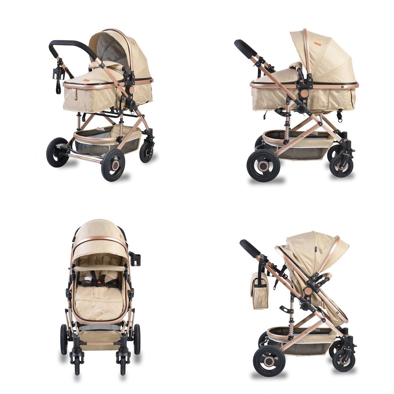 Kinderwagen umkehrbar Kombi-Kinderwagen Ciara, Sitz Tragetasche Wickeltasche Moni faltbar Sportsitz beige