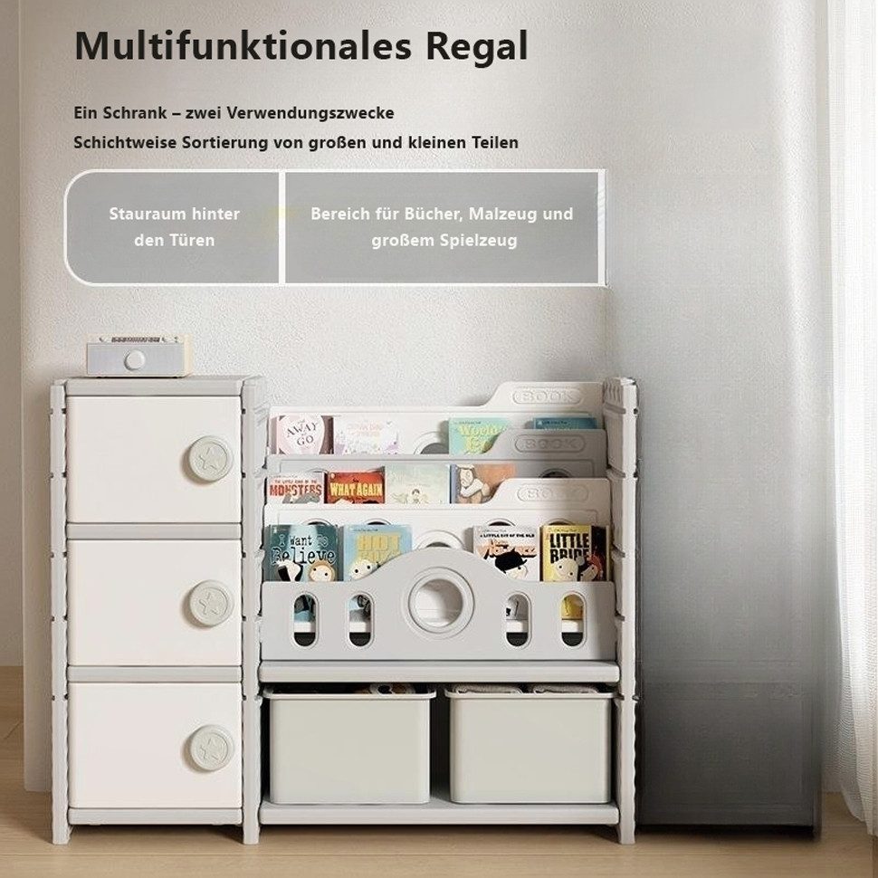 habeig Kinderregal multifunktional Buchablagen Türen Körbe Standregal Schrank, mit Haltern für Bücher