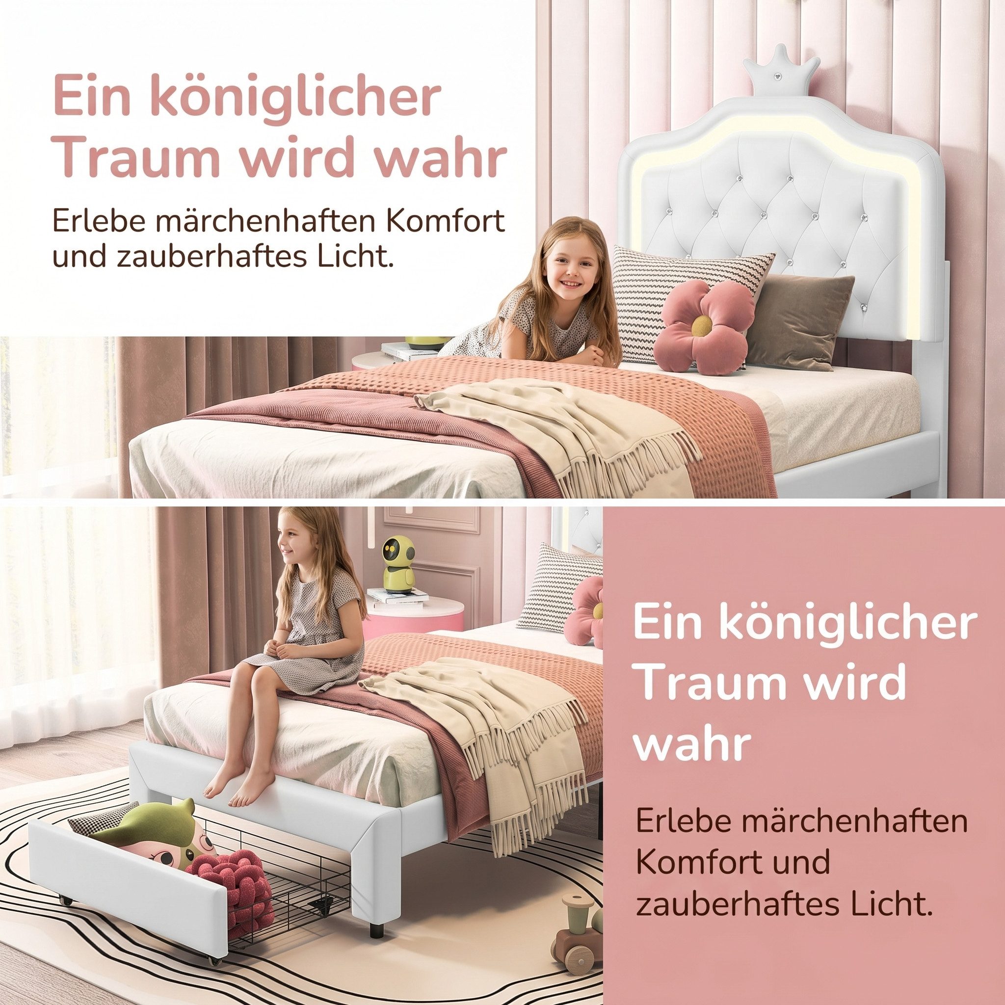 ADWOLT Einzelbett Polsterbett Kinderbett 90x200cm mit LED-Beleuchtung, mit Höhenverstellbarem Kopfteil,Kunstleder,Weiß