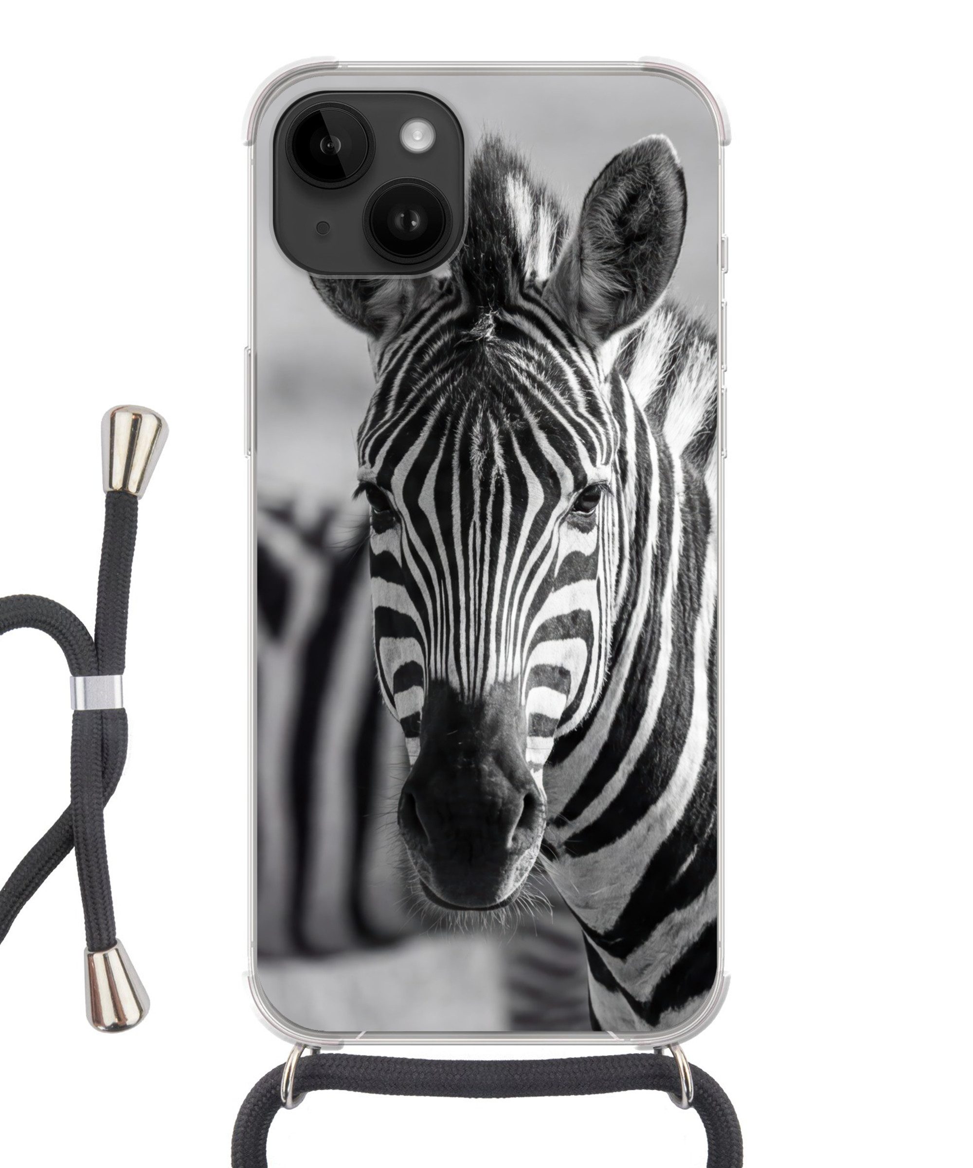 MuchoWow Handyhülle für Apple iPhone 14 Zebras - Schwarz - Weiß, Tragbare Handyhüllen mit Kette zum umhängen, Handykette Handyband