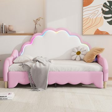 HAUSS SPLOE Polsterbett 140 x 200cm Sofabett, Kopfteil mit Licht, komplett ohne Matratze,Rosa (mit Fernbedienung), umwandelbar in ein flaches Bett