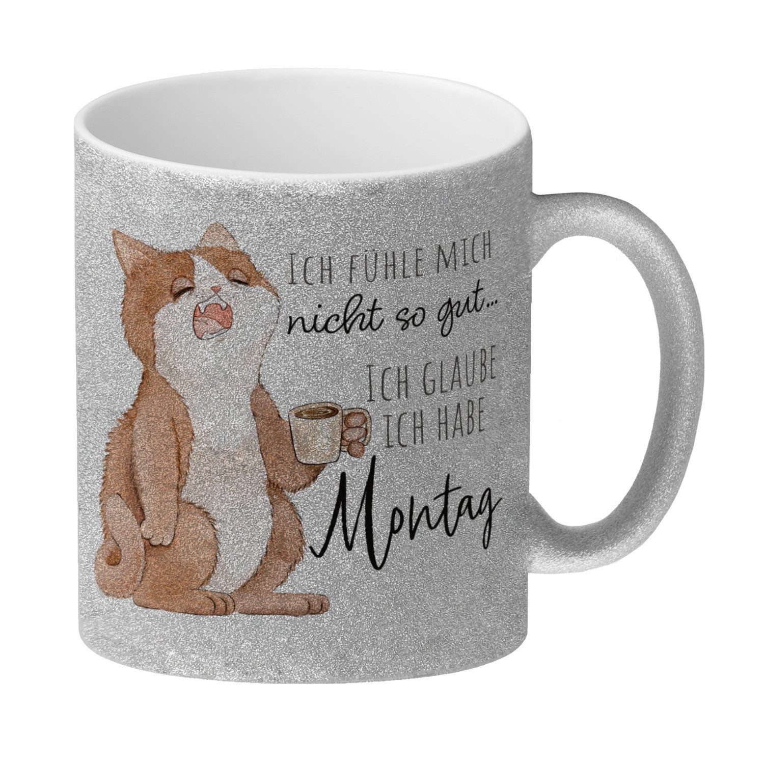 Tasse Katze Glitzer Kaffeebecher mit Spruch Unwohlsein Verdacht auf