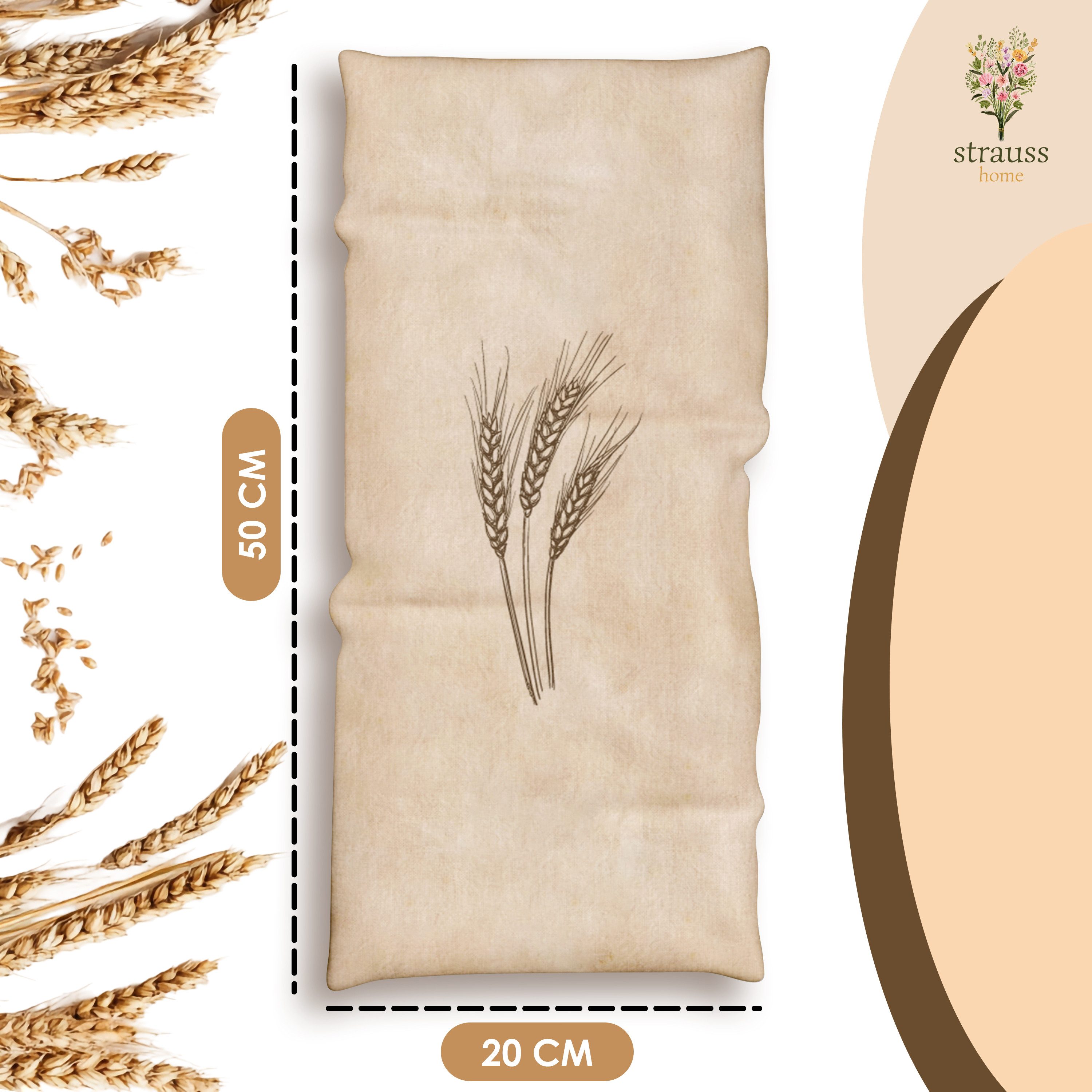 Strauss Home Large Heated Grain Pillow – Microwaveable, Natural Wheat Grains (1 piece), for neck tension and more – Removable cover