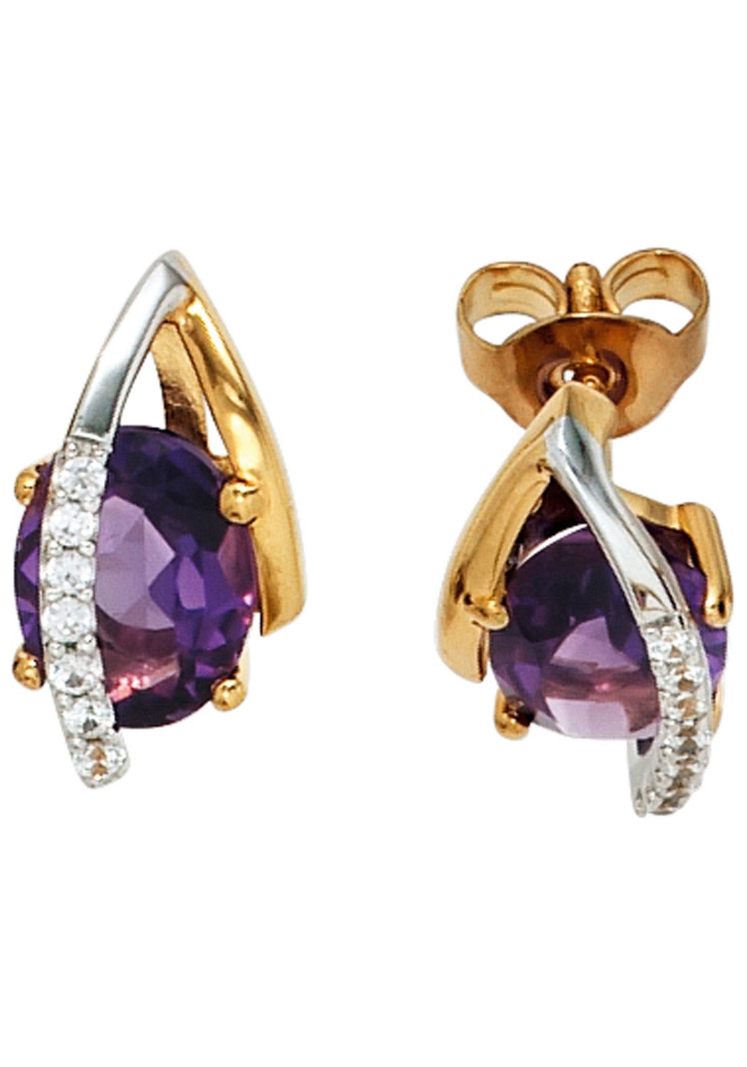 JOBO Paar Ohrstecker Ohrringe, 585 Gold Bicolor mit Amethyst und 14 Diamanten