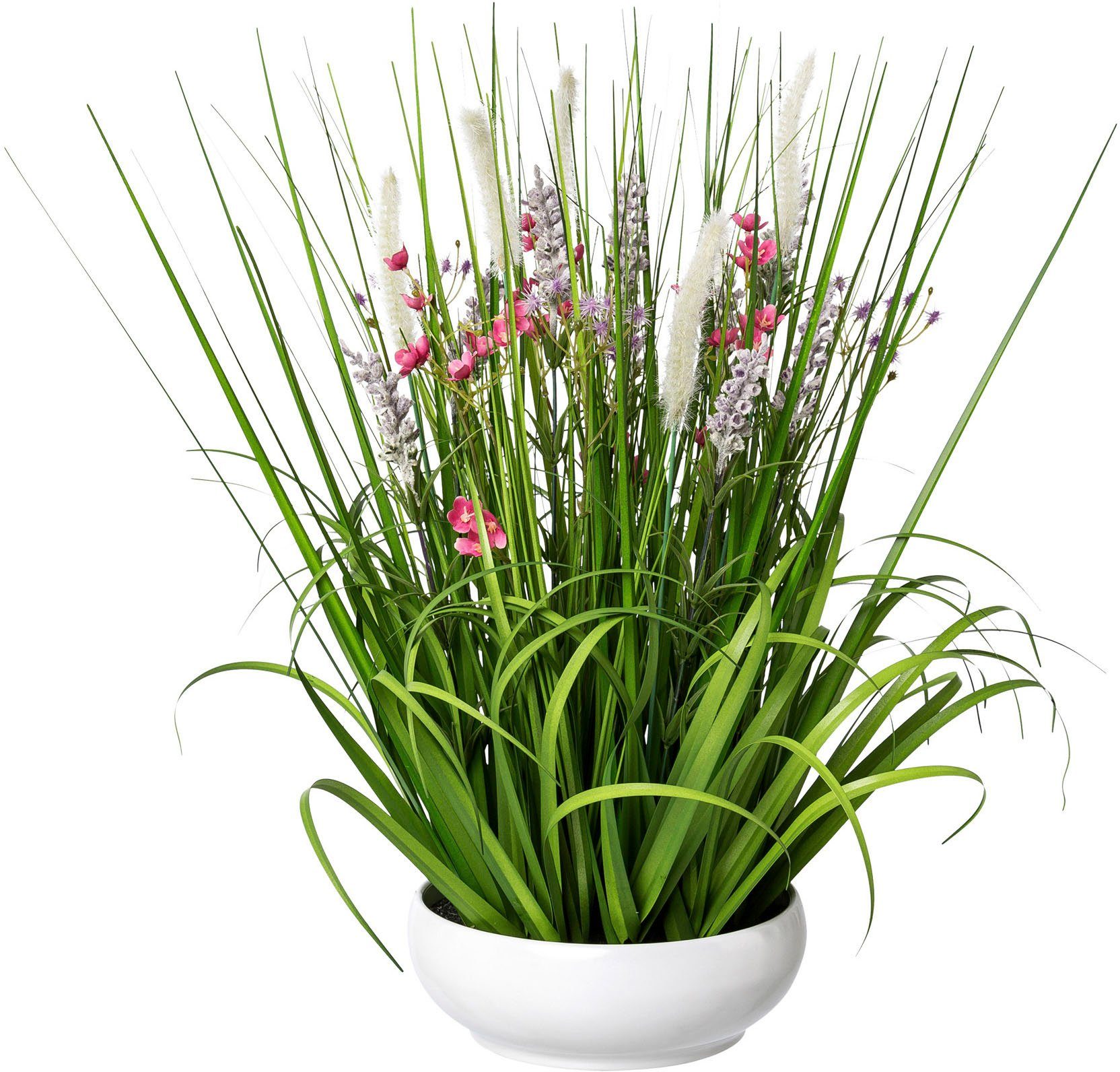 Kunstgras Blüten-Gras-Mix, Creativ green, Höhe 53 cm, in weißer Kunststoffschale