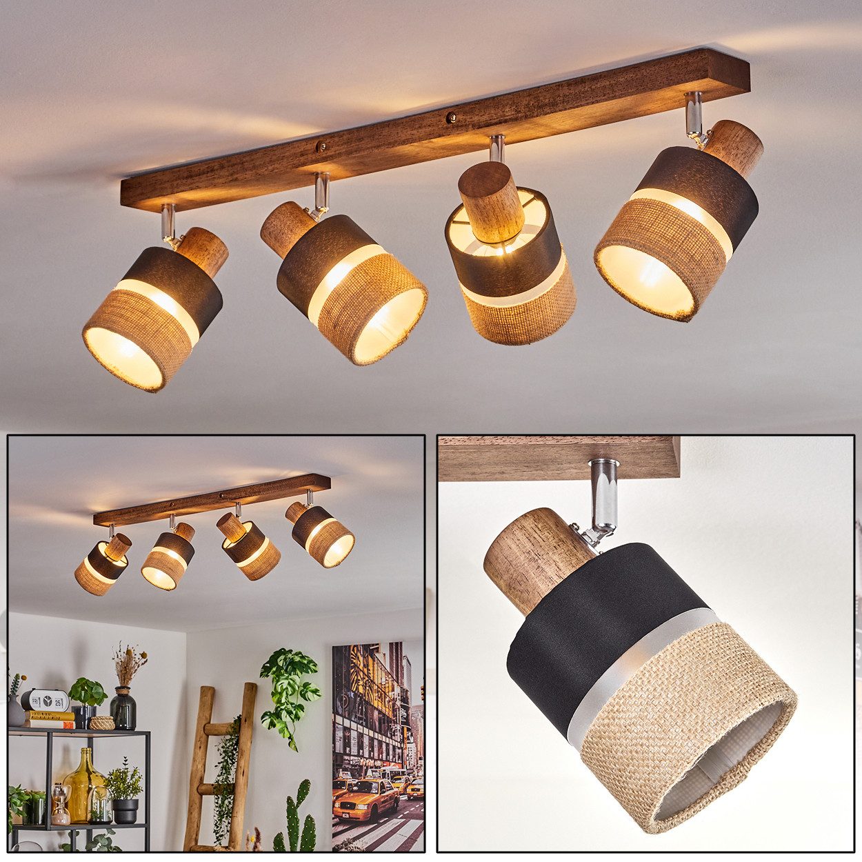 hofstein Deckenleuchte moderne Deckenlampe aus Holz/Metall/Leinen in Dunkelbraun/Chrom/Natur, ohne Leuchtmittel, m. verstellbaren Strahlern, 4x E14, ohne Leuchtmittel