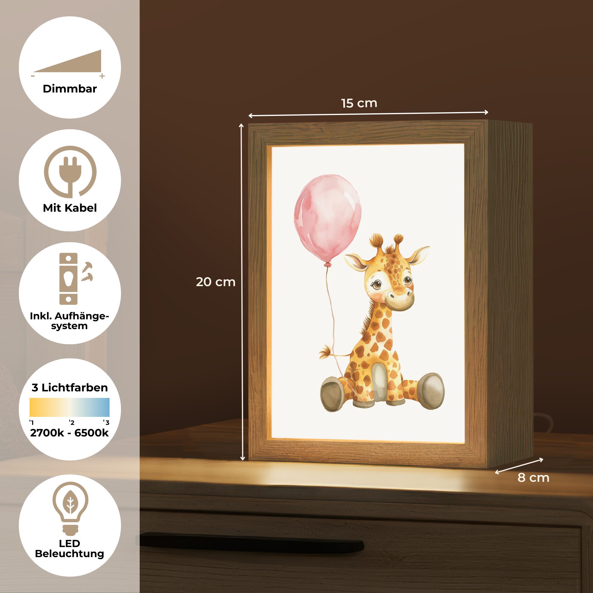 OnlyWow Nachttischlampe Lightbox Giraffe - Baby - Tiere - Rosa Luftballon - Mädchen, Dimmbar, Farbwechsel, LED, Warmweiß, Kaltweiß, Neutralweiß Einstellbar, Kinderzimmer, Babyzimmer, Dimmbar, mit Kabel, Nachtlampe, LED
