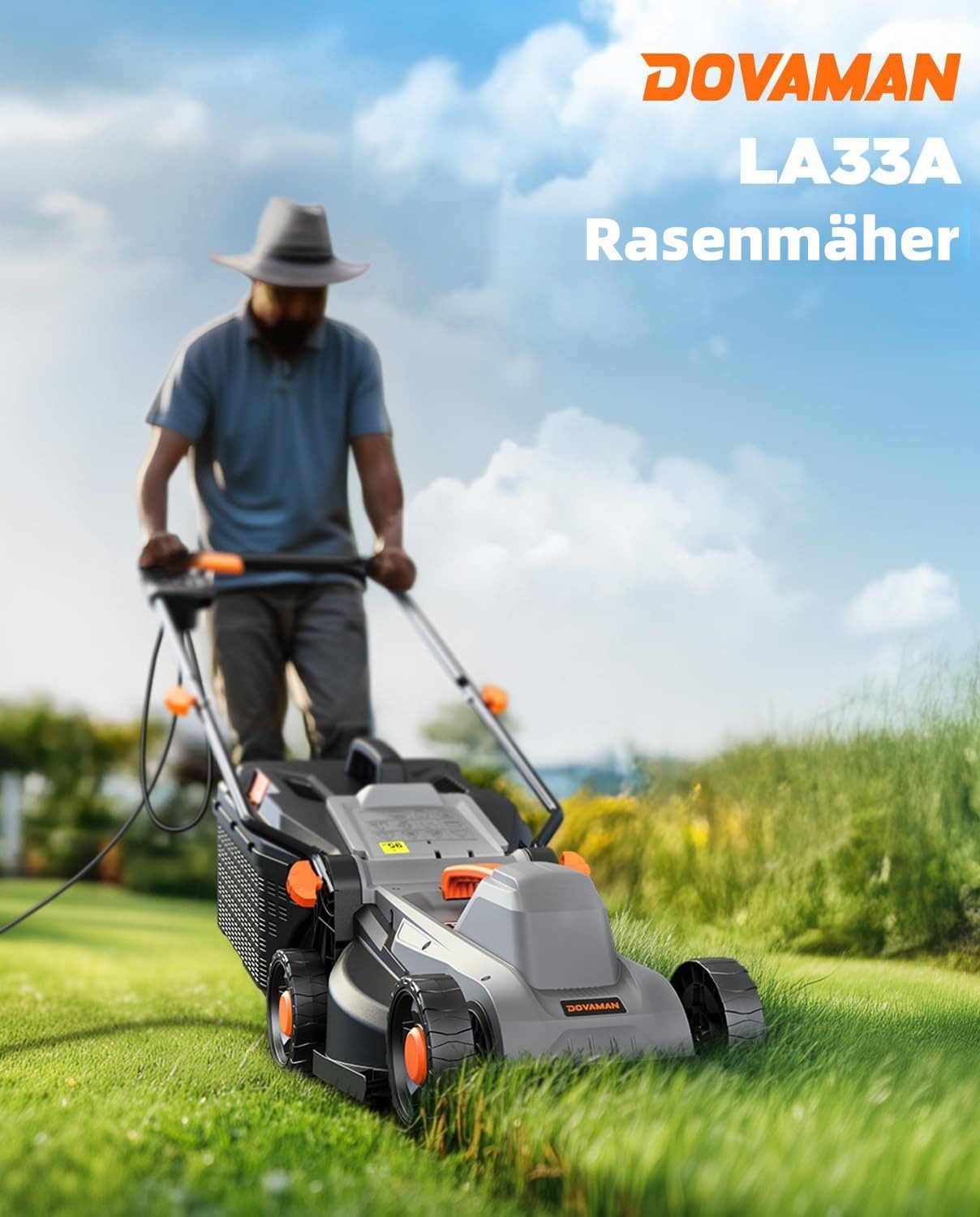 DOVAMAN Electric Lawn Mower 1300W, 33cm Cutting Width, 3-Position Height Adjustable, 95% Grass Collection Rate