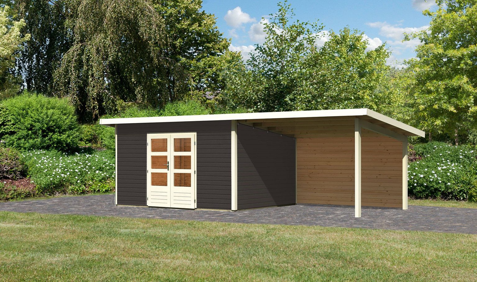 Karibu Gartenhaus Karibu Gartenhaus Northeim, 38 mm, 724 x 332 cm, Typ 4, terragrau, inkl. 3,3 m Anbaudach mit Rückw