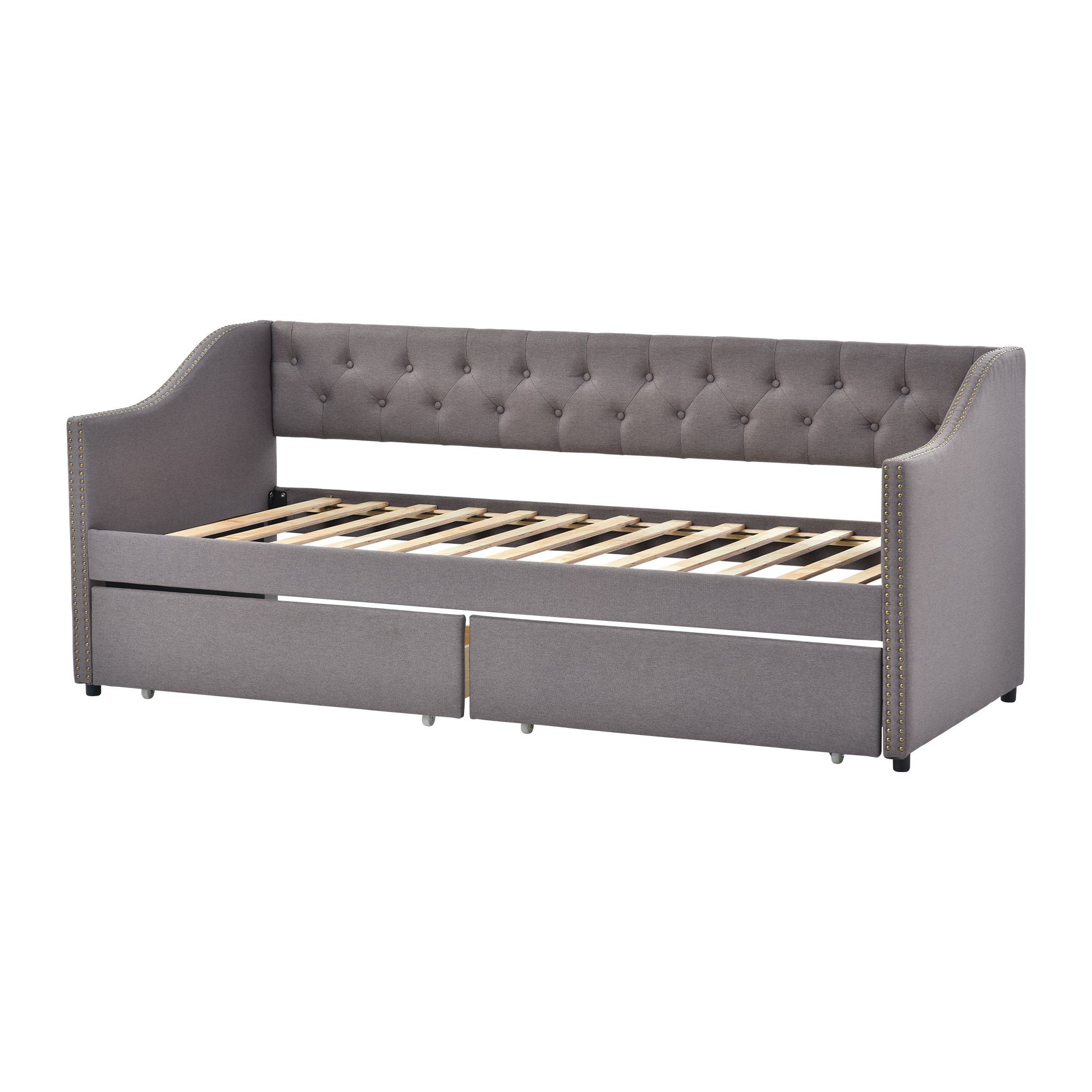 Daybett (Polsterbett mit Schubladen und Lattenrost), Kinderbett 90x200 cm Schlafsofa Gästebett Einzelbett, Leinen