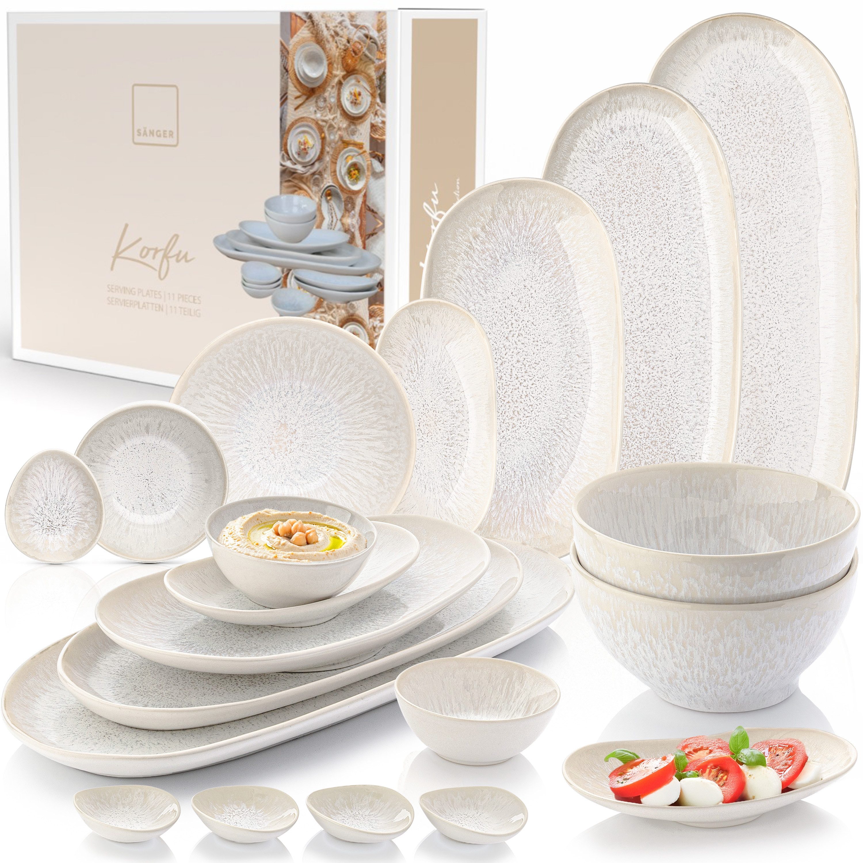 SÄNGER Tafelservice Korfu Geschirrset (15-tlg), 6 Personen, Steingut, Servierplatten Set mit Schalen, Creme, Handmade, Premium Collection