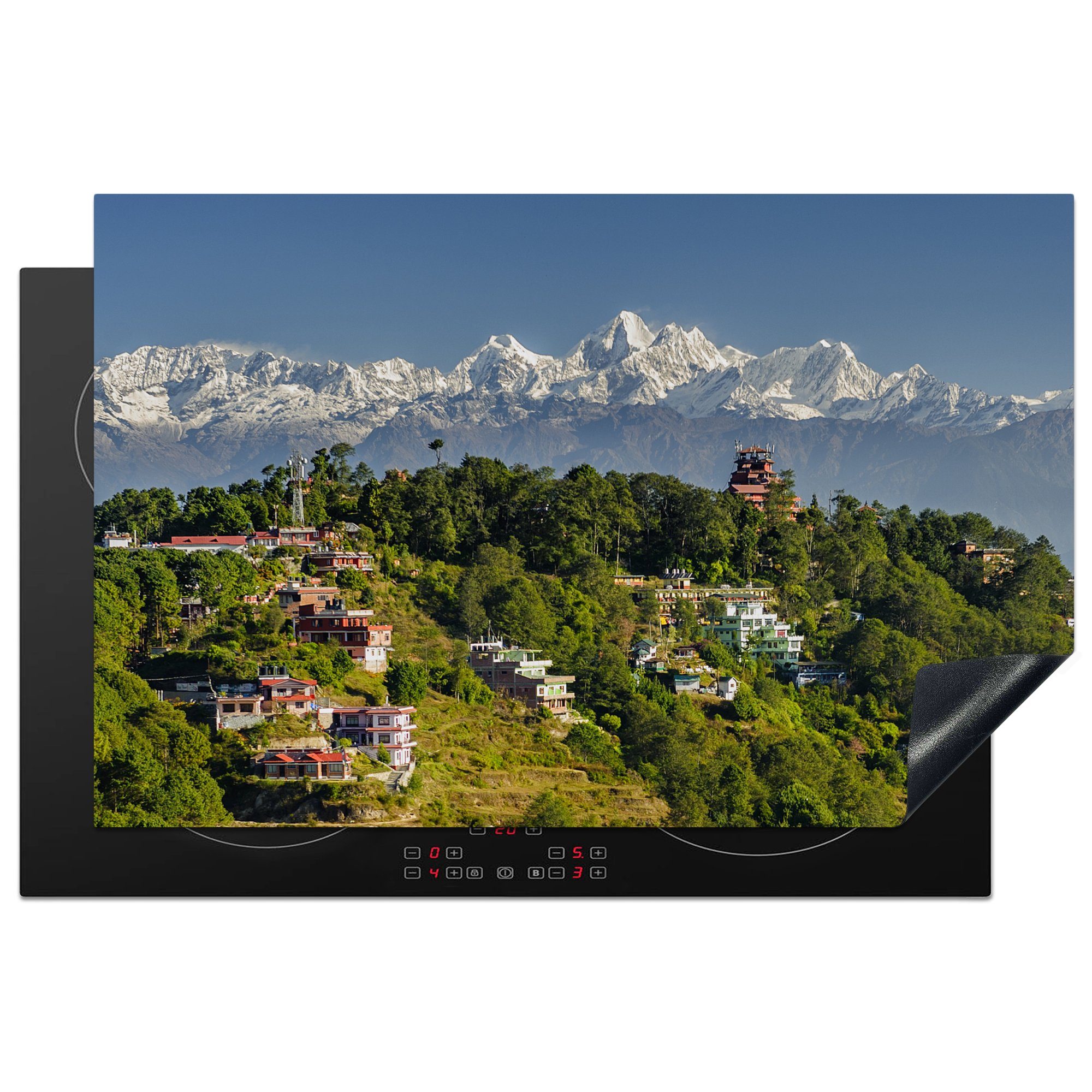 Blick Vinyl, tlg), die Morgendlicher Berge 81x52 Nepal, (1 Schutz küche, cm, von Ceranfeldabdeckung Herdblende-/Abdeckplatte Himalaya des Induktionskochfeld für auf die MuchoWow Nagarkot,