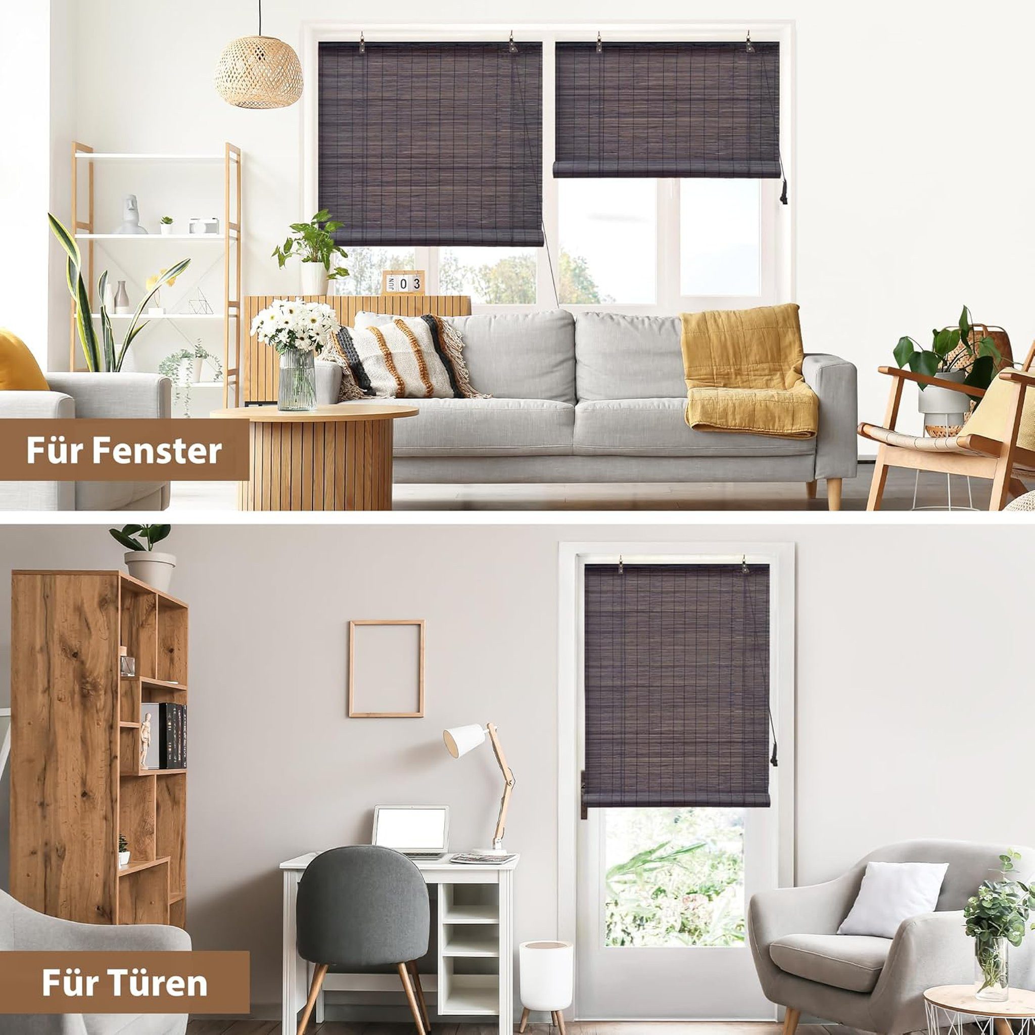 Rollo Bambusrollo, 40 x 130 cm, dunkelbraun, Victoria M., verdunkelnd, ohne Bohren, freihängend, verschraubt, ohne Bohren, zum Schrauben
