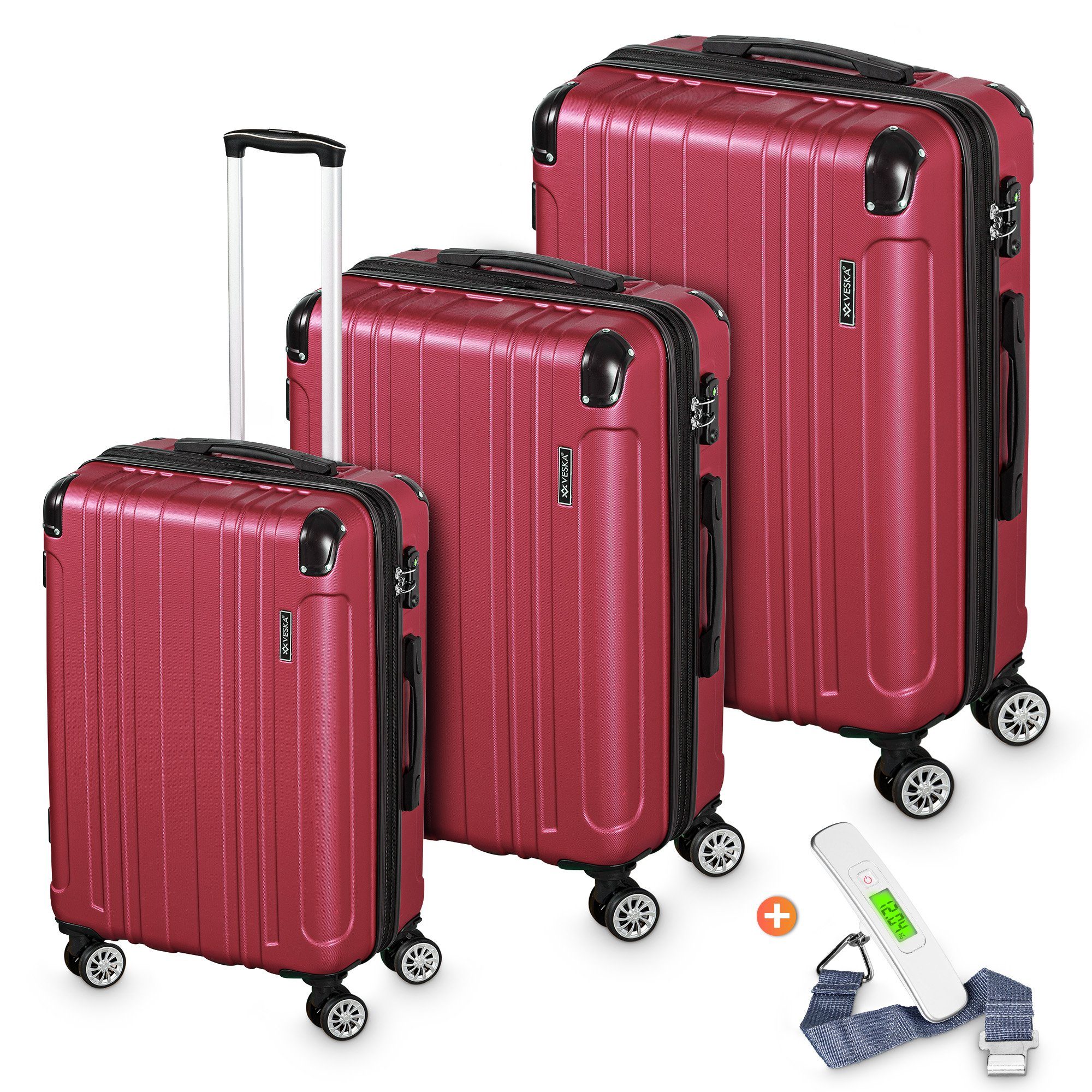 VESKA Trolleyset Hartschalenkoffer Kofferset 3 teilig mit TSA Zahlenschloss 4 Rollen, ABS-Hartschale, Reisekoffer Trolley Rollkoffer Koffer berry | Trolley-Sets