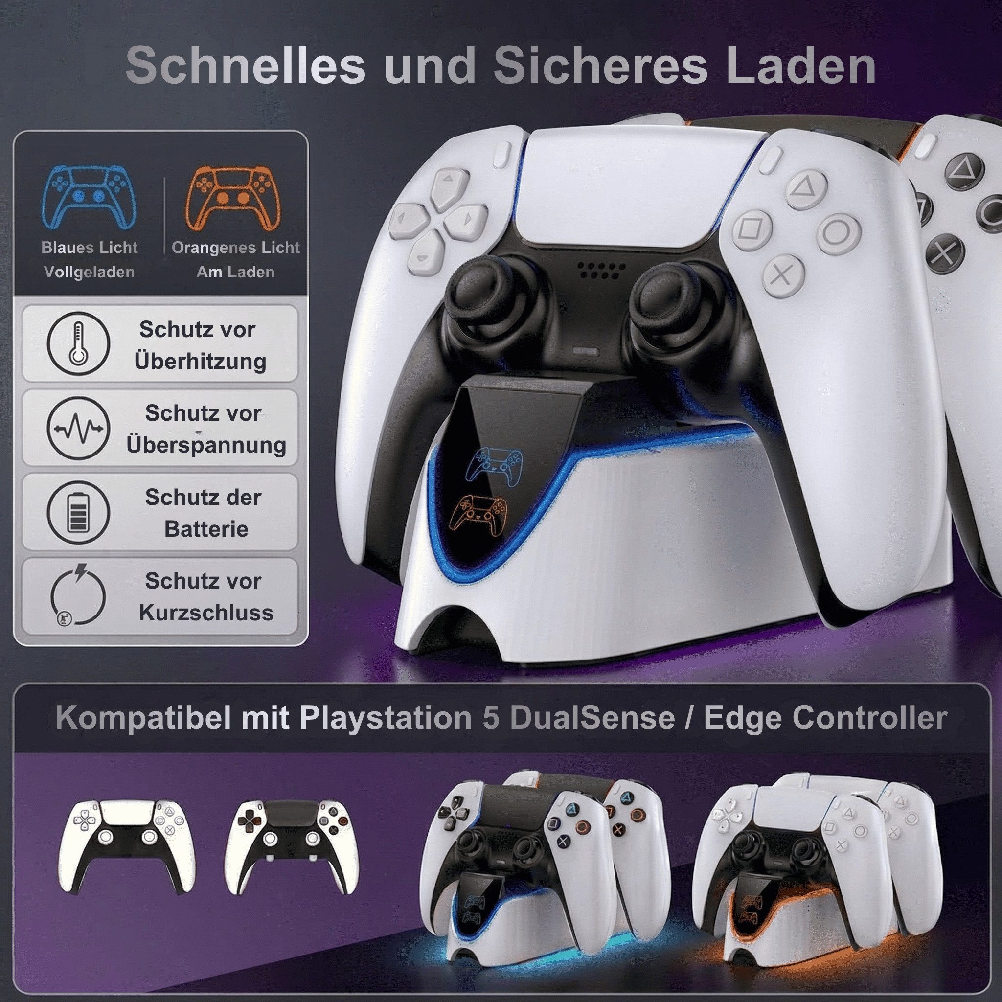 Alpha Electronics PS5 Controller-Ladestation (2000 mA, Inklusive Ladekabel, 2-tlg., Kabelloses Laden, LED-Ladestatusanzeige, Schnellladung, DualSense & Edge Controller)