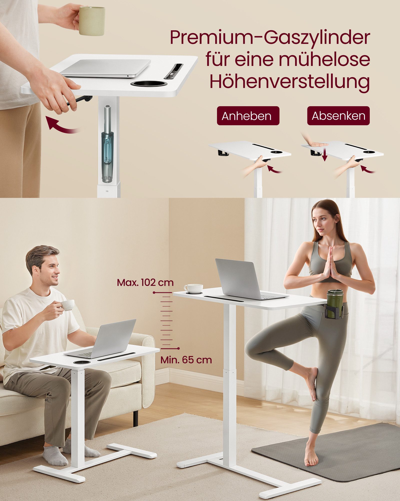 VASAGLE Schreibtisch Beistelltisch mit Rollen, mobiler Stehtisch, verstellbare Höhe, 2 Getränkehalter, Schlitz