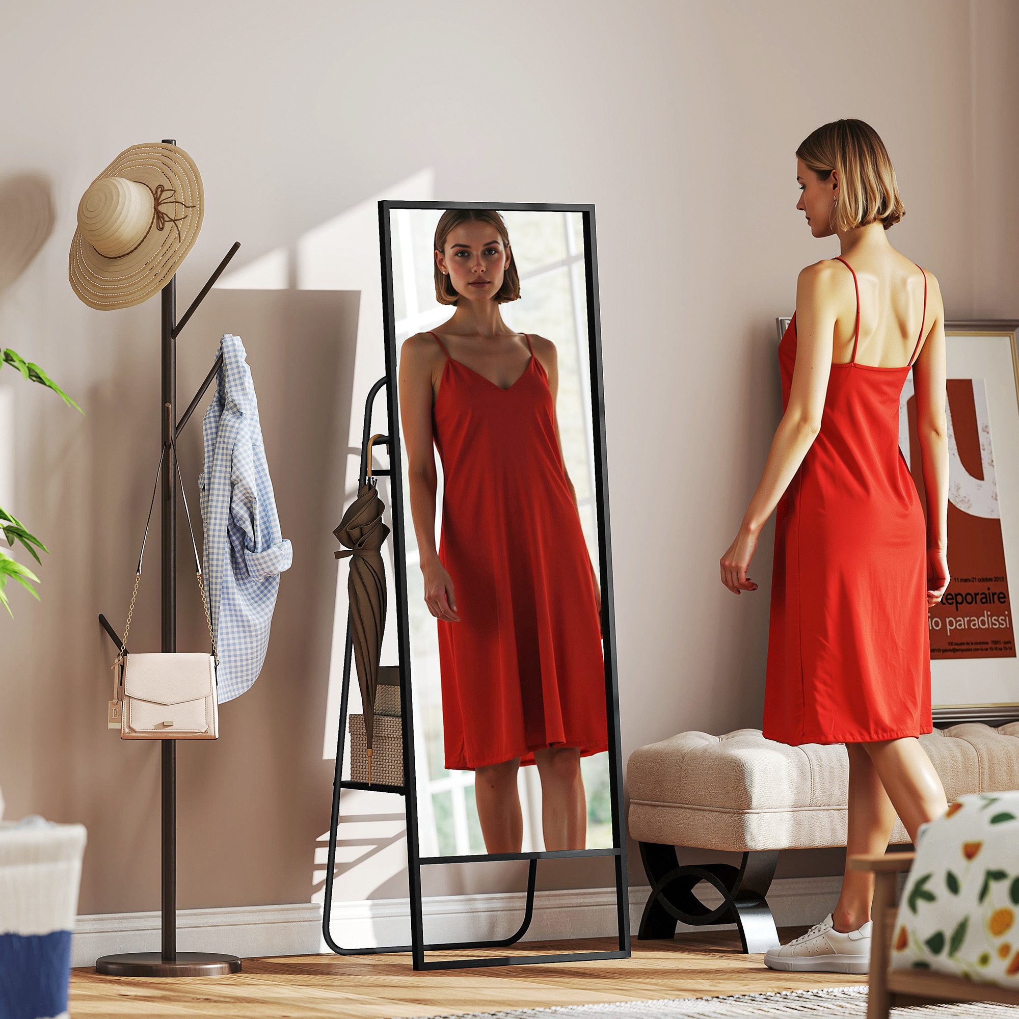 HOMCOM Standspiegel Moderner Ganzkörperspiegel mit Rückwand, Splitterschutzfolie (rechteckiger freistehender Spiegel mit 2 Haken, 1-St., für Schlafzimmer, Wohnzimmer, Umkleideraum), 50 x 38 x 157 cm, Schwarz