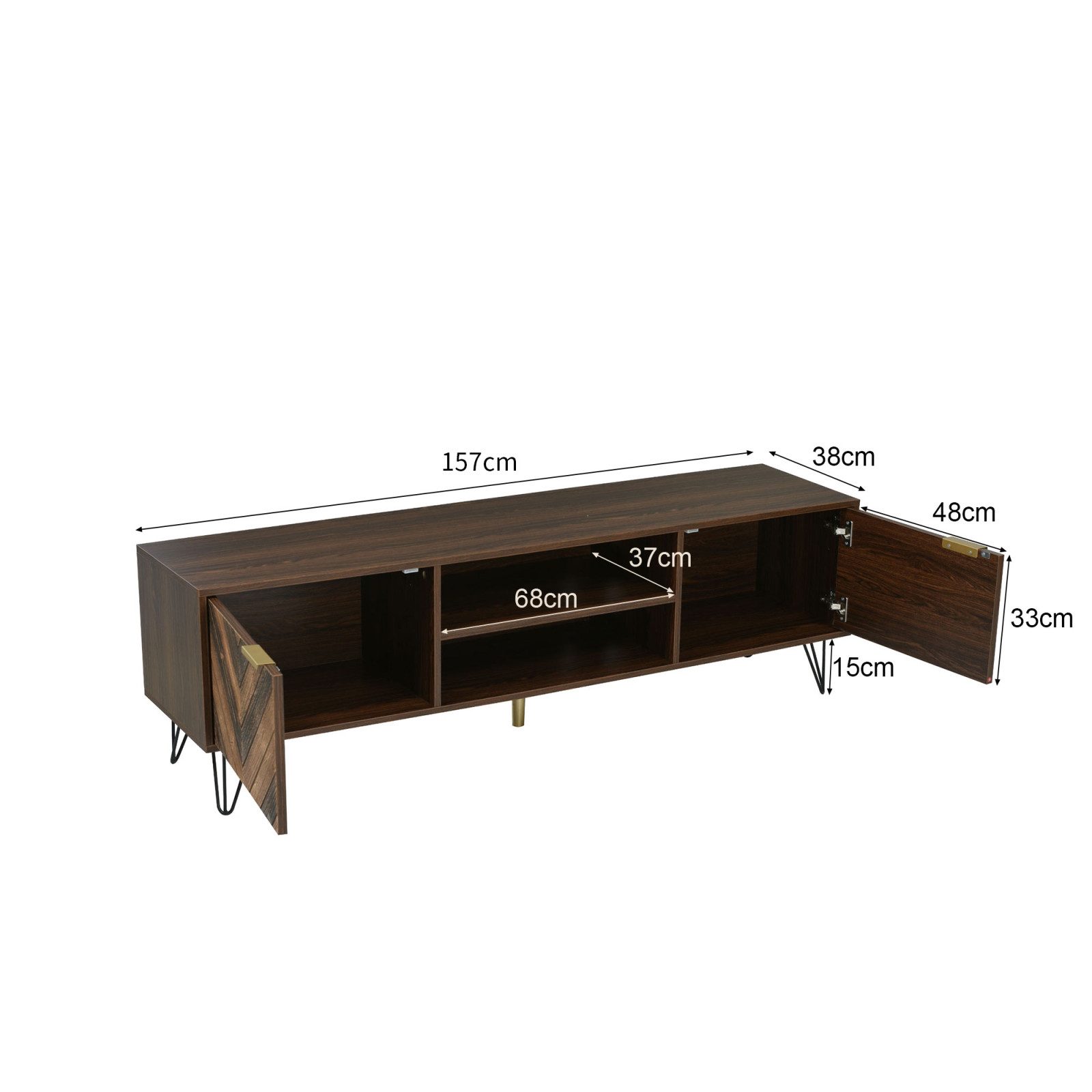 Simurq TV-Schrank TV-Lowboard 155 cm in Holzoptik (Goldfarbene Griffe, modernen Stil) Moderner TV-Schrank,3 Bogenfächer, Weiß und Natur – Bild 4 von 5