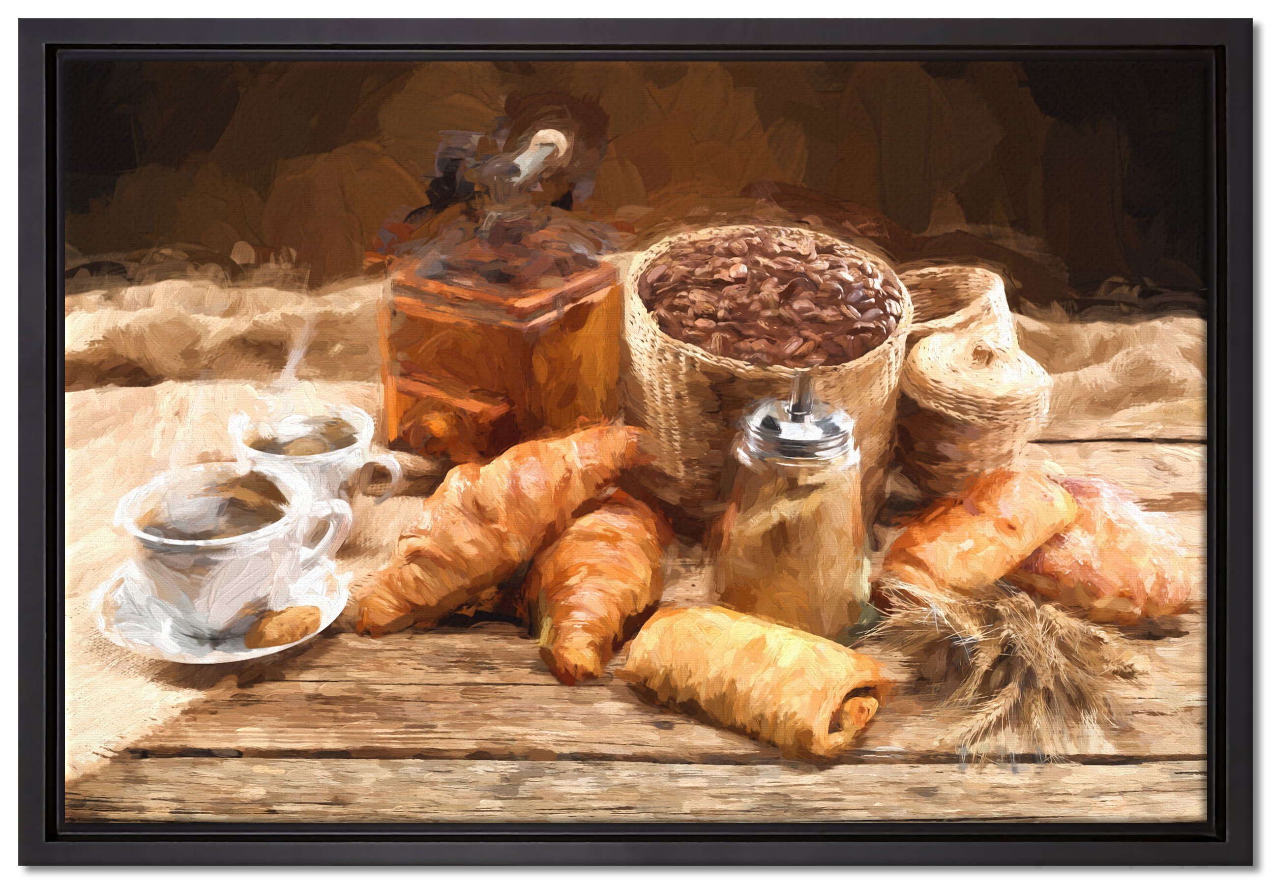 Pixxprint Leinwandbild Aromatischer Kaffee mit Croissant, Wanddekoration (1 St), Leinwandbild fertig bespannt, in einem Schattenfugen-Bilderrahmen gefasst, inkl. Zackenaufhänger