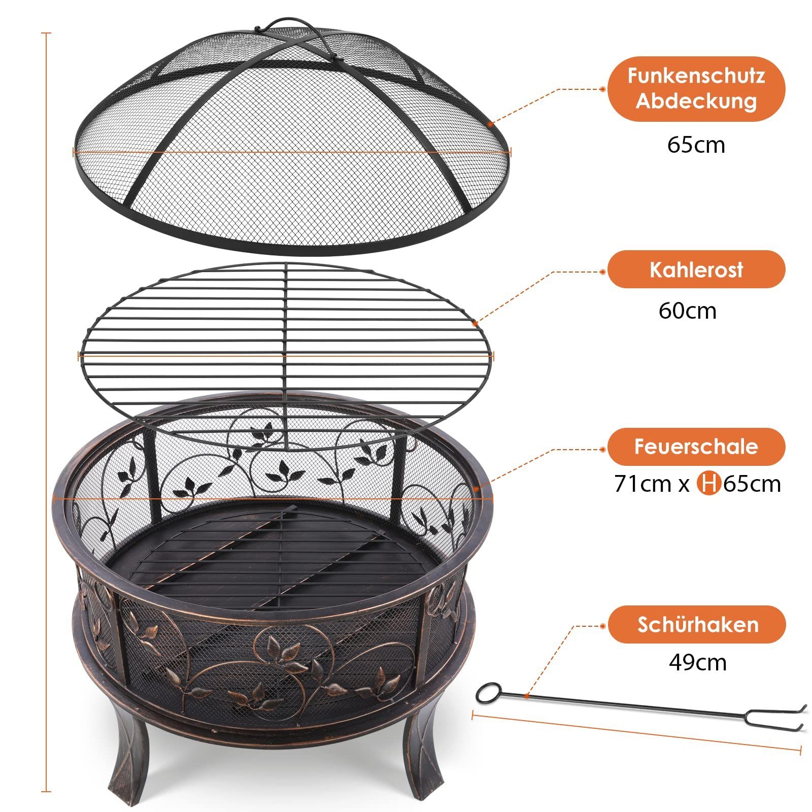 Feuerschalen mit für Feuerstelle Ø71x65cm Feuerschale, garten, Blumenmuster Funkenschutz TLGREEN den