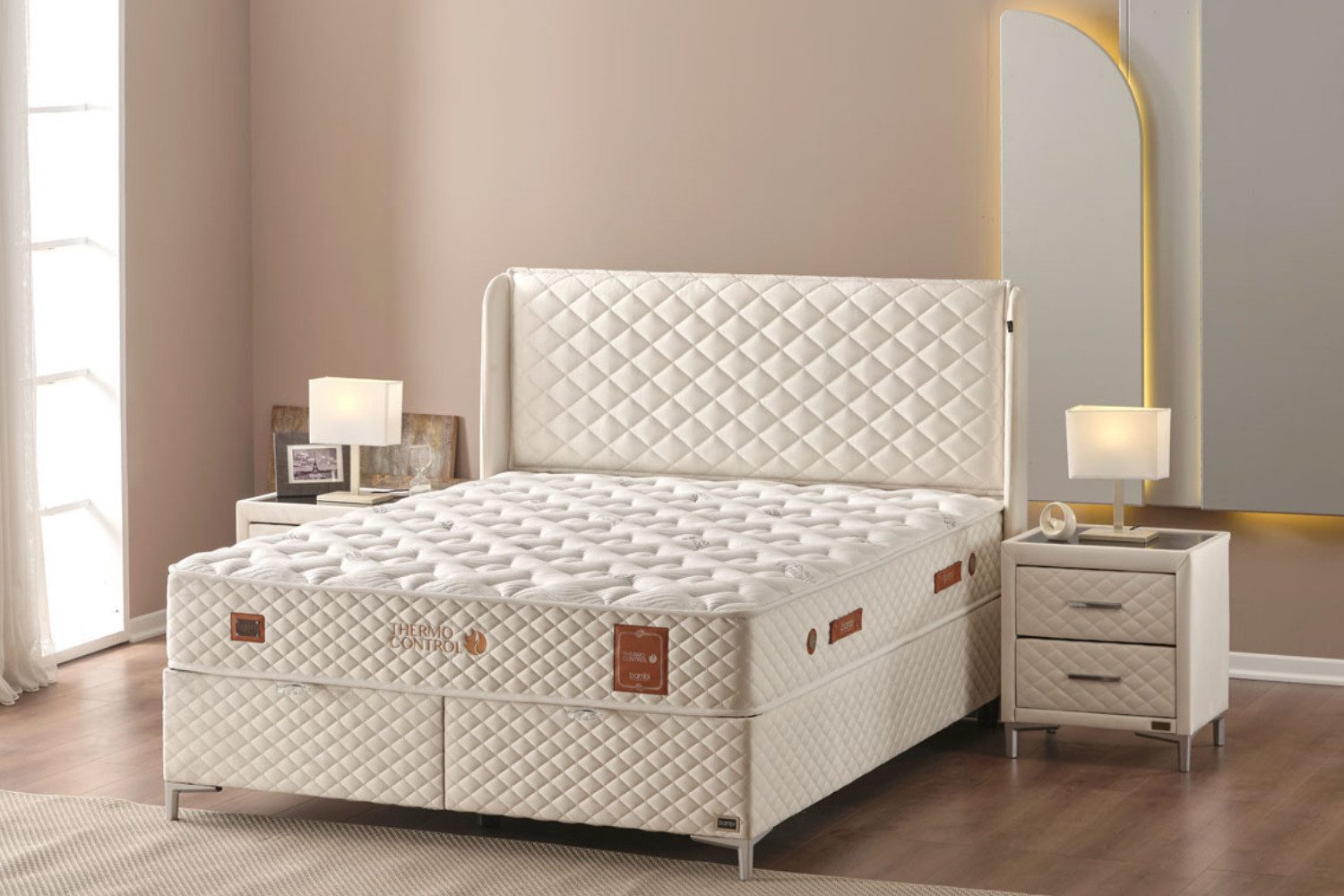 BAMBI YATAK Boxspringbett, Bambi Thermo Control, Bett mit Bettkasten 140x200 160x200 180x200 cm (Matratze mit Topper, 1 x H3 Mittelfest Matratze, 2 x Bettkasten, 1 x Bettkopfteil), Taschenfederkern, Matratzenhöhe: 29 cm