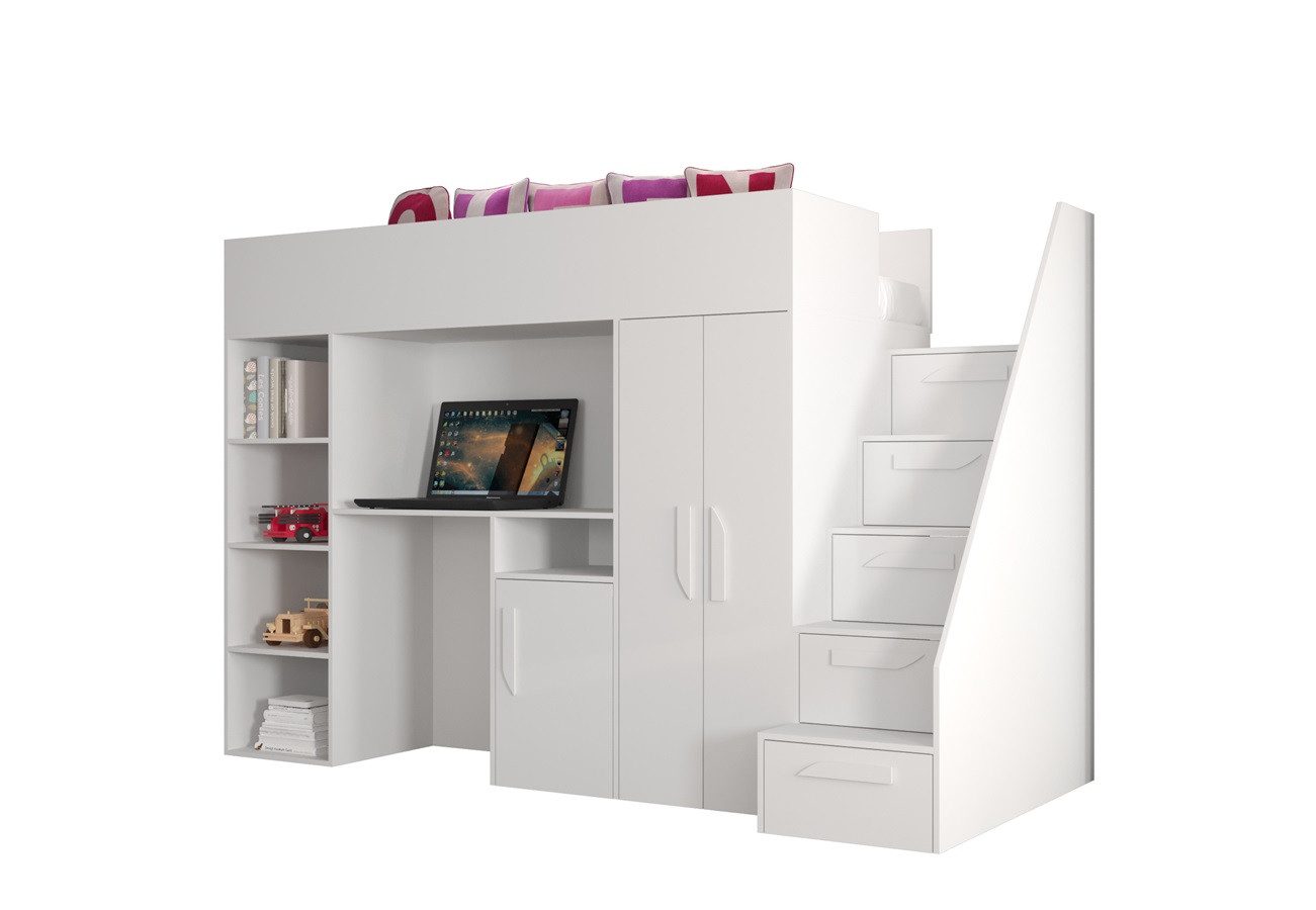 QMM TraumMöbel Hochbett PARIS 4 mit Schreibtisch Schrank Regal und Treppe Hochglanz (mit Treppe, Schrank, Schreibtisch & Regal)