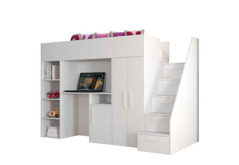 QMM TraumMöbel Hochbett PARIS 4 mit Schreibtisch Schrank Regal und Treppe Hochglanz (mit Treppe, Schrank, Schreibtisch & Regal)