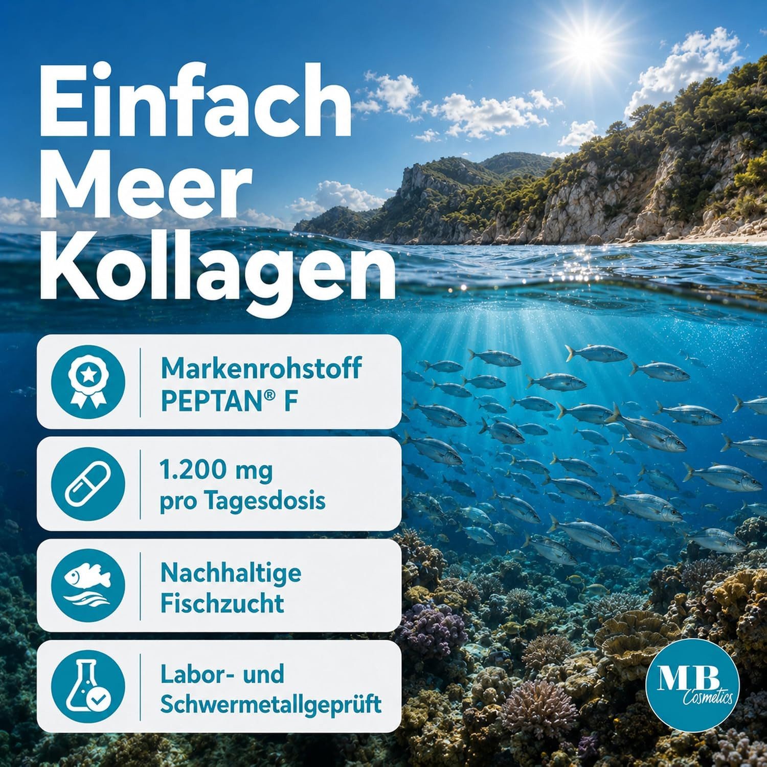 Medical Beauty Cosmetics Marine Kollagen Komplex - 1.200 mg (Peptan F) mit Vitamin C, 180 Kapseln, 1 er Packung à 148 g, Premium Marine Kollagen (Peptan F) mit Grüntee & Selen