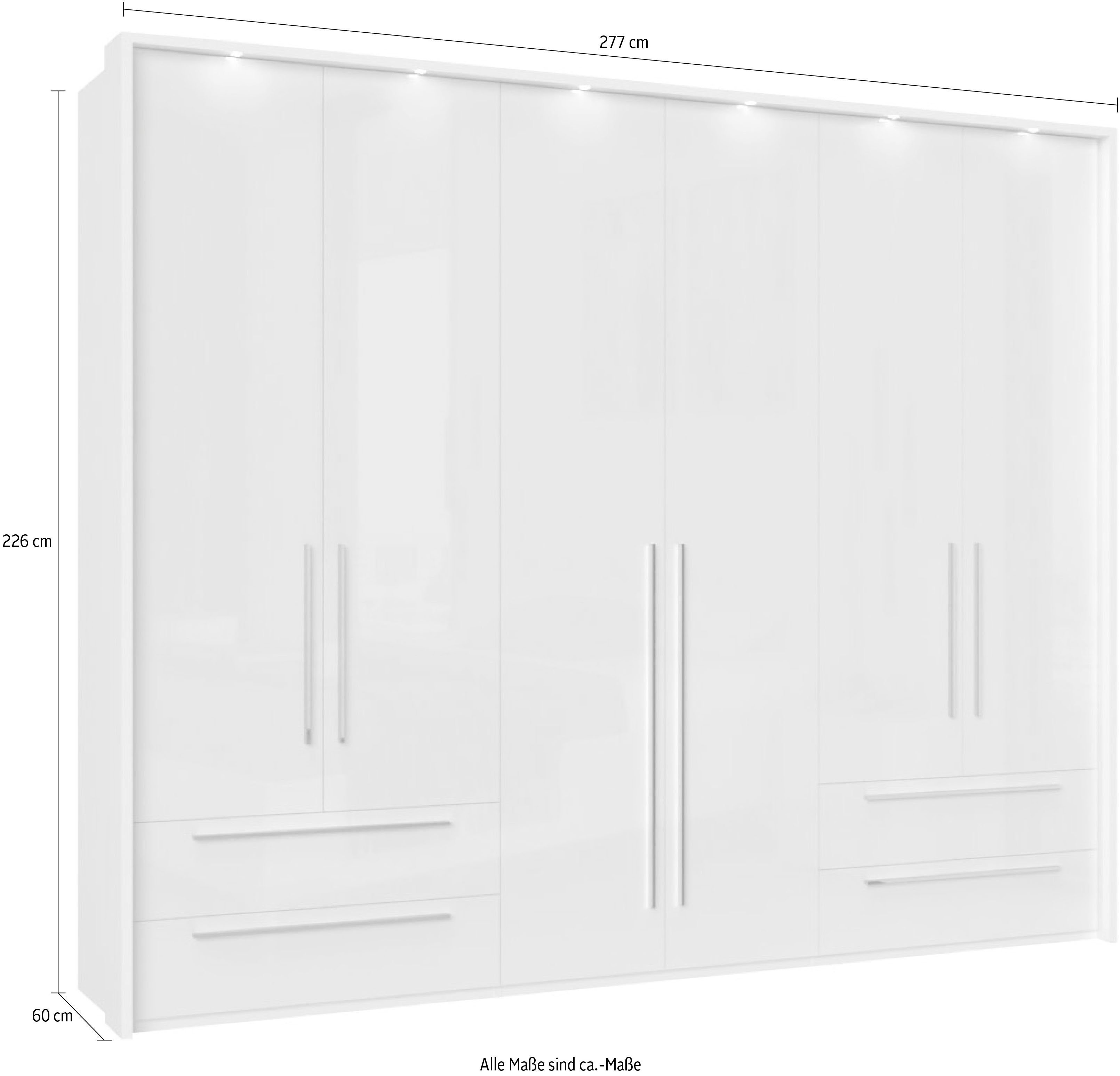 OTTO home Drehtürenschrank Piano, inklusive Rahmen und Beleuchtung, soft-close-Funktion (277 oder 322cm breit, 226cm hoch, mit 4 Schubladen) UV lackiert, hochglänzend weiß oder beige, FSC-zertifiziert